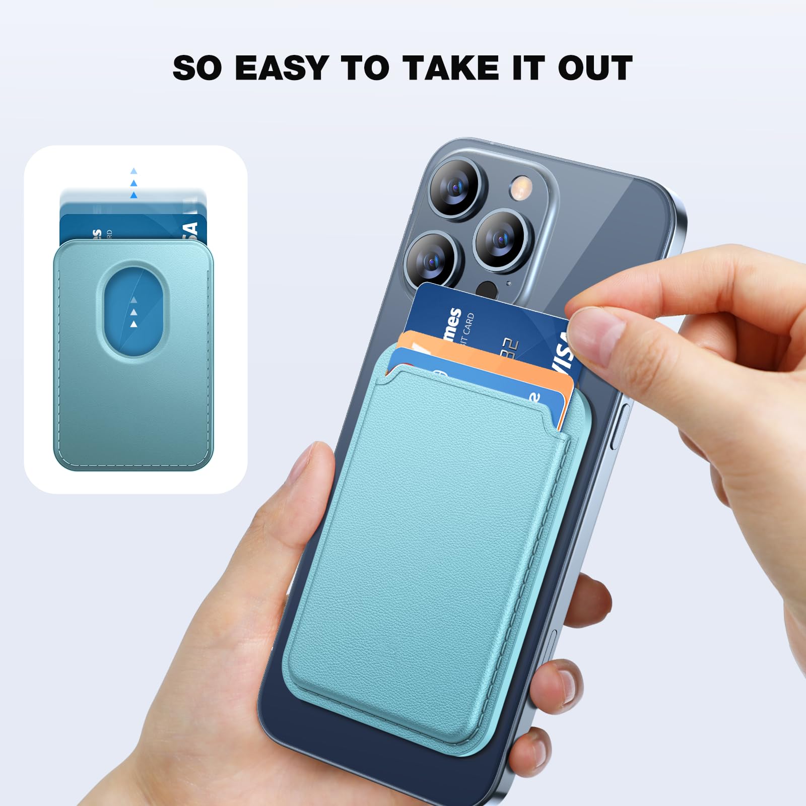 Miracase Magnetic Wallet, Compatible With Magsafe Wallet, 3 Card Holder, For Iphone 15/14/13/12 Series,Light Blue