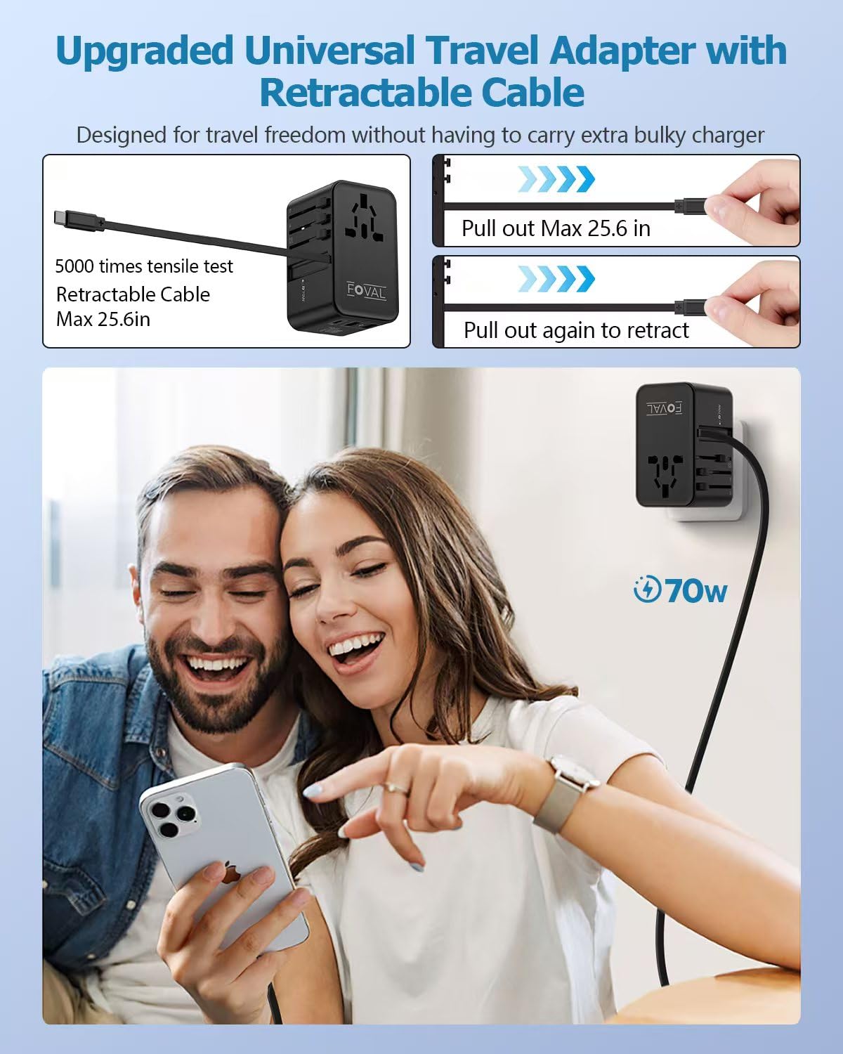Foval Universal Travel Adapter, 70W Fast Gan International Power Adapter With Retractable Usb C Cable, Usb C &2 Usb A Qc Ports,