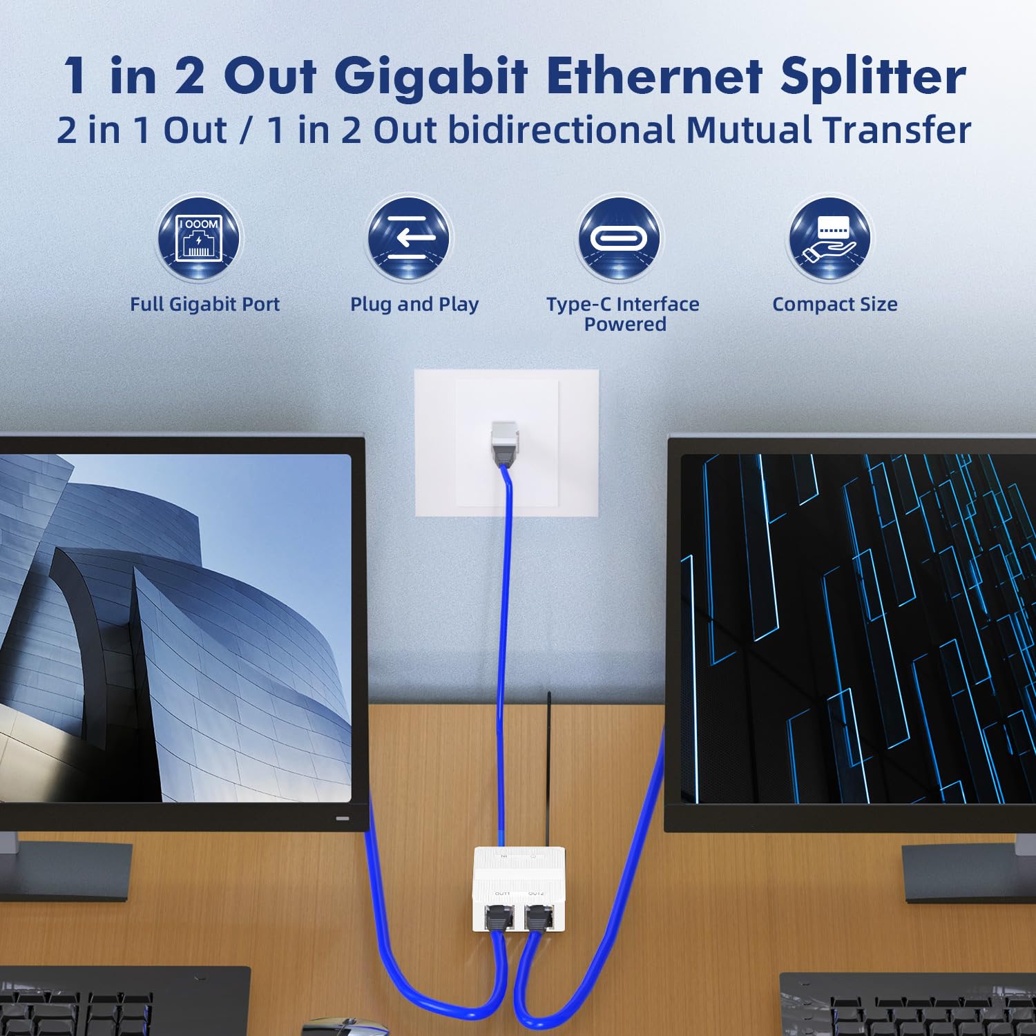 Binardat 1 To 2 Gigabit Network Splitter, 3 Port Gigabit Ethernet Switch, Type C Power Supply, Mini Size Plug And Play (White)