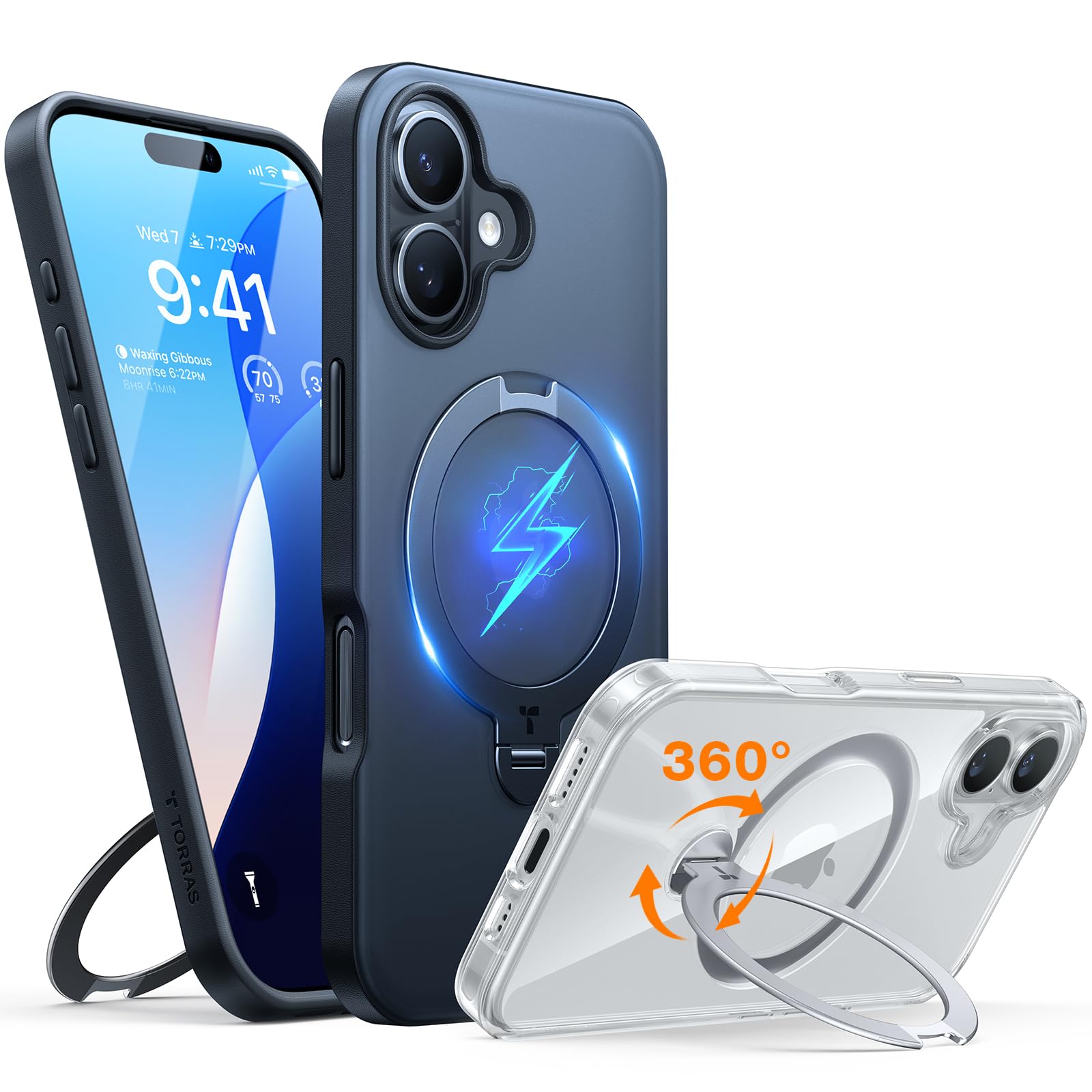 Torras 360 Spin Magnetic Stand Case For Iphone 16 Plus Case, Fit For Magsafe, 12Ft Military Grade Protective Case For 16 Plus Ph