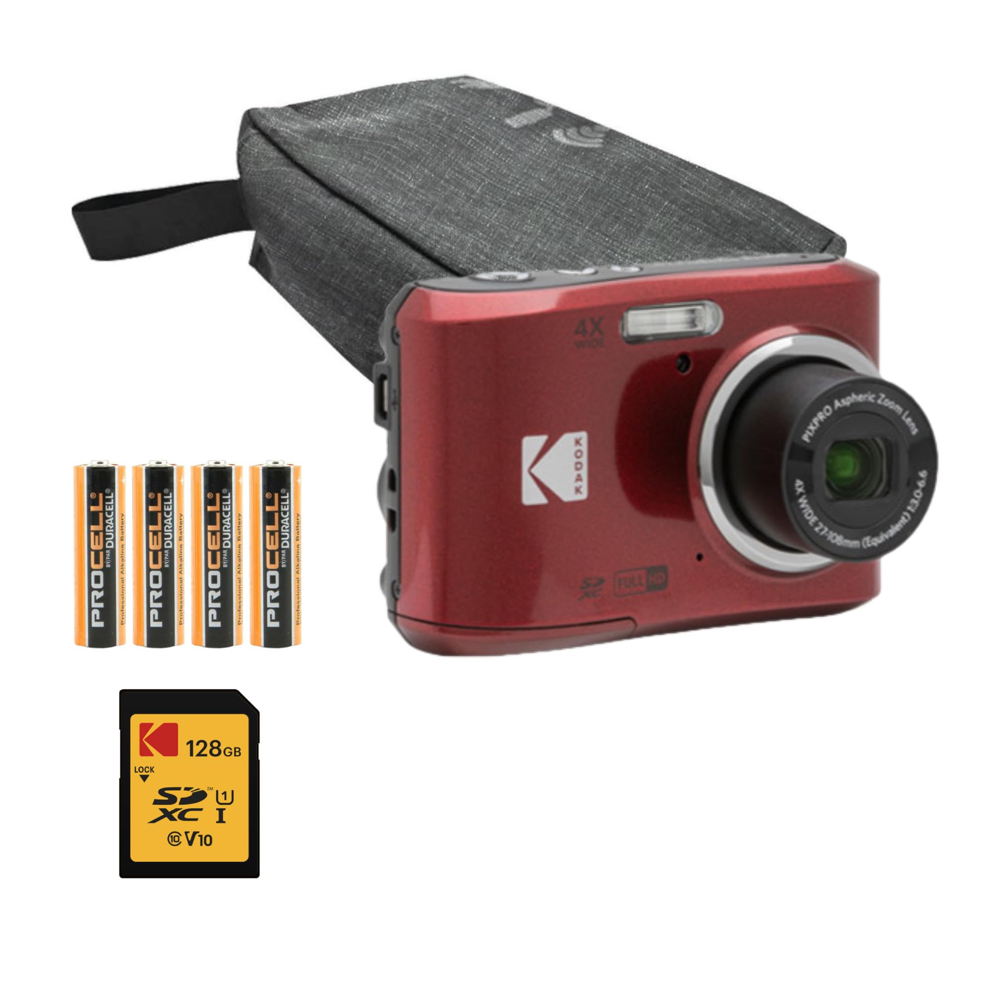 Kodak PIXPRO FZ45 Friendly Zoom Digital Camera (Red) Bundle with Folding Storage Travel Case, 128GB SD Class 10 UHS-I U1 V10 Ful