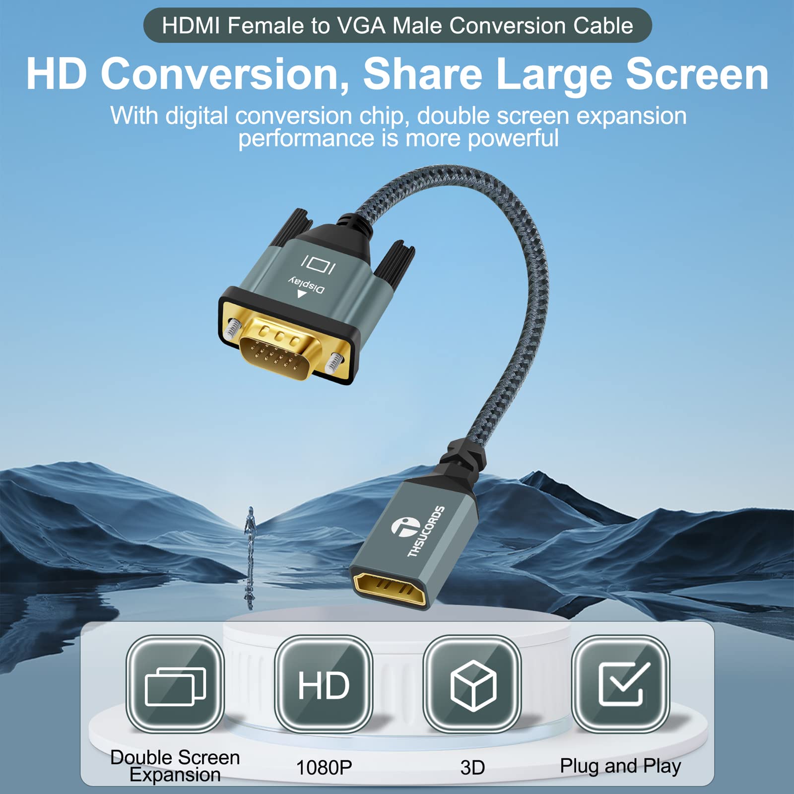 Thsucords Hdmi To Vga Adapter Cable 1Ft 2Pack, Nylon Braided Hdmi Female To Vga Male Extension Extender Support 720P/1080P Pc Co