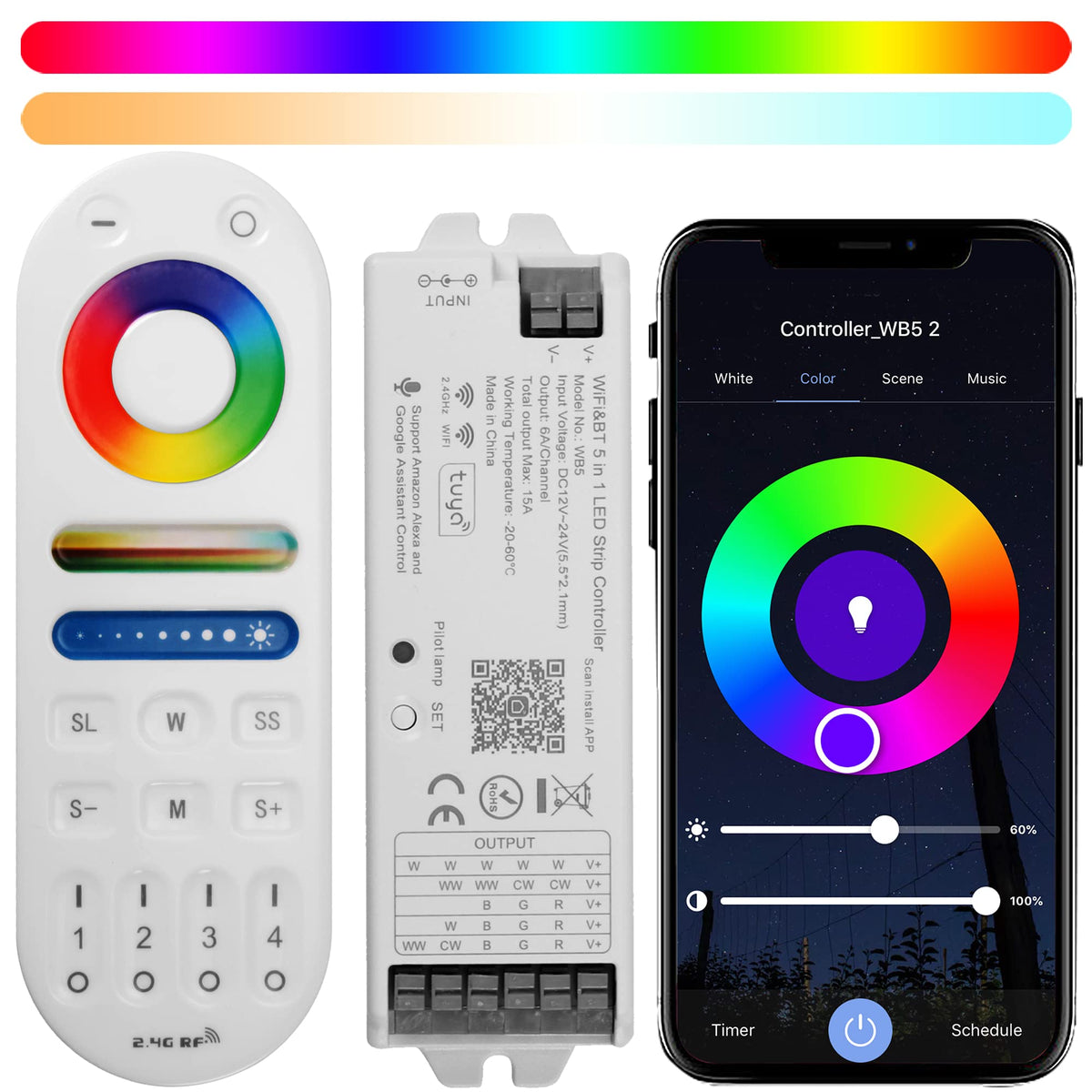 Xxk (Lm091+Wb5 Wifi Remote Controller Kit For Rgb Cct Rgbw Led Strip Lights, 4-Zone Rf Wireless Remote Control + Dc12-24V 5-In-1