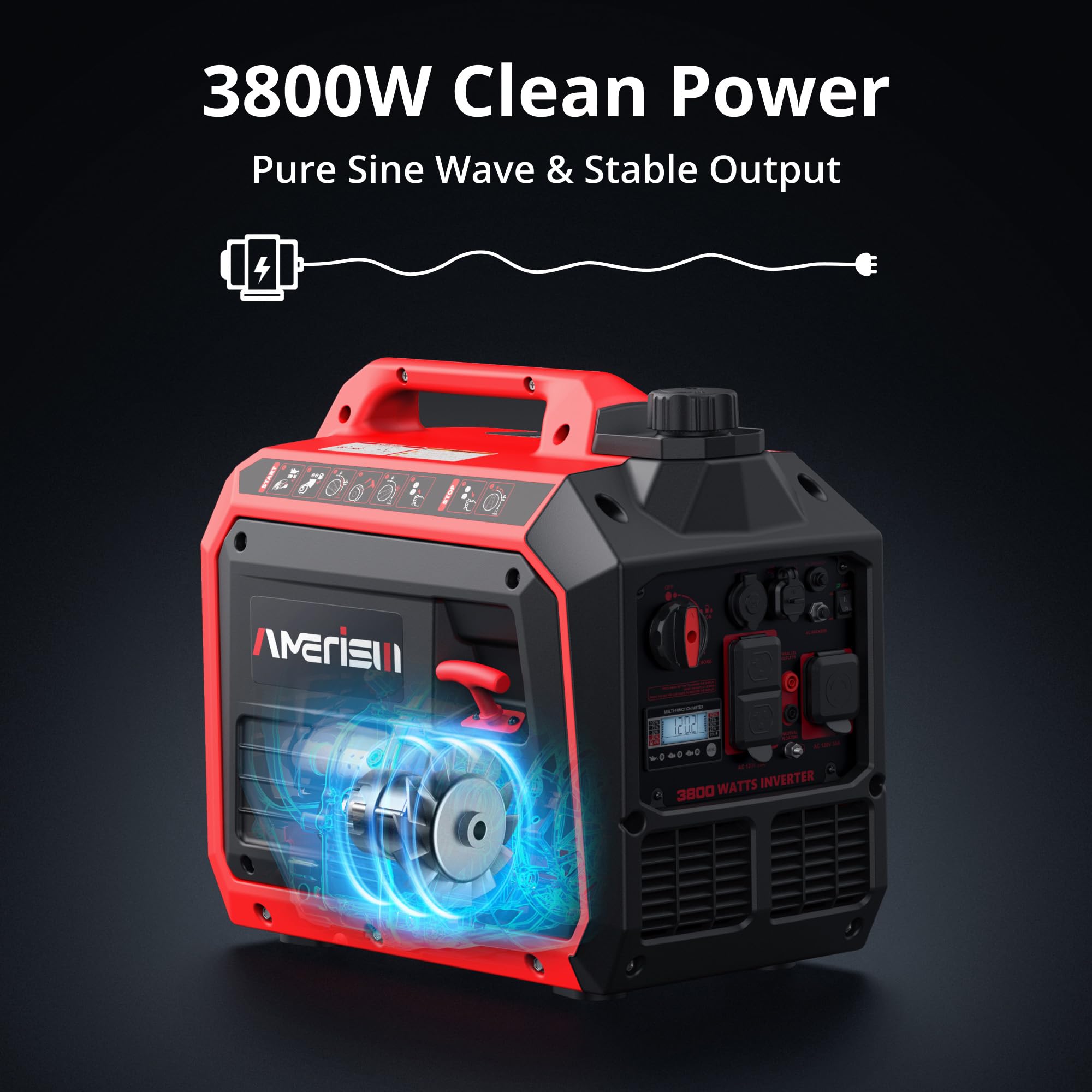 3800W Portable Inverter Generator, Gas Powered, Digital Display, Super Quiet And Lightweight Generator For Camping, Home Emergen
