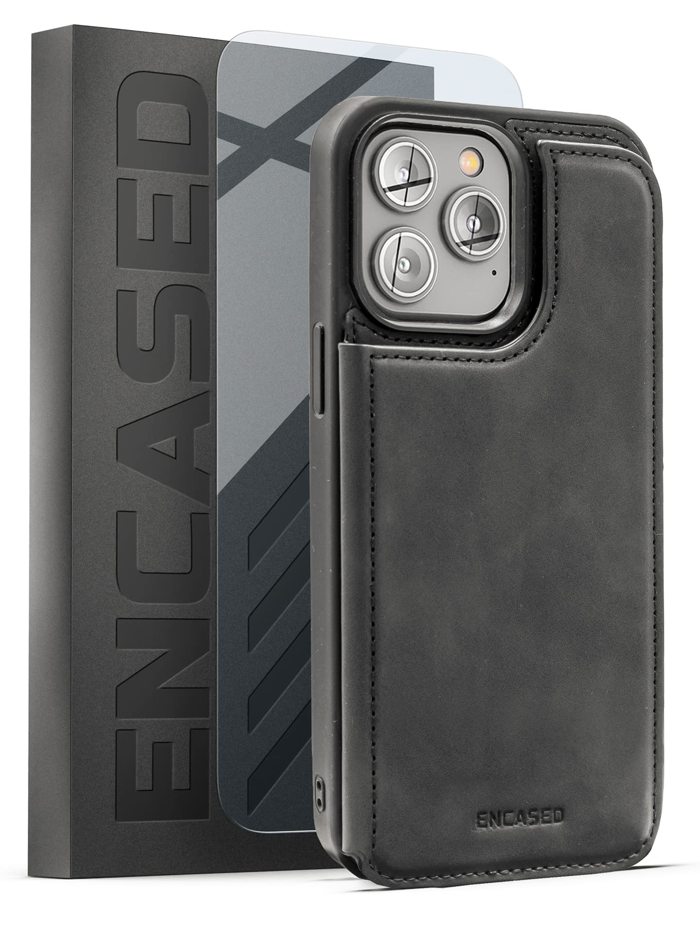 ENCASED Flip Wallet Compatible with iPhone 14 Pro Max Case with Card Holder Folio and Wrist Strap (Screen Protector Included) Bl