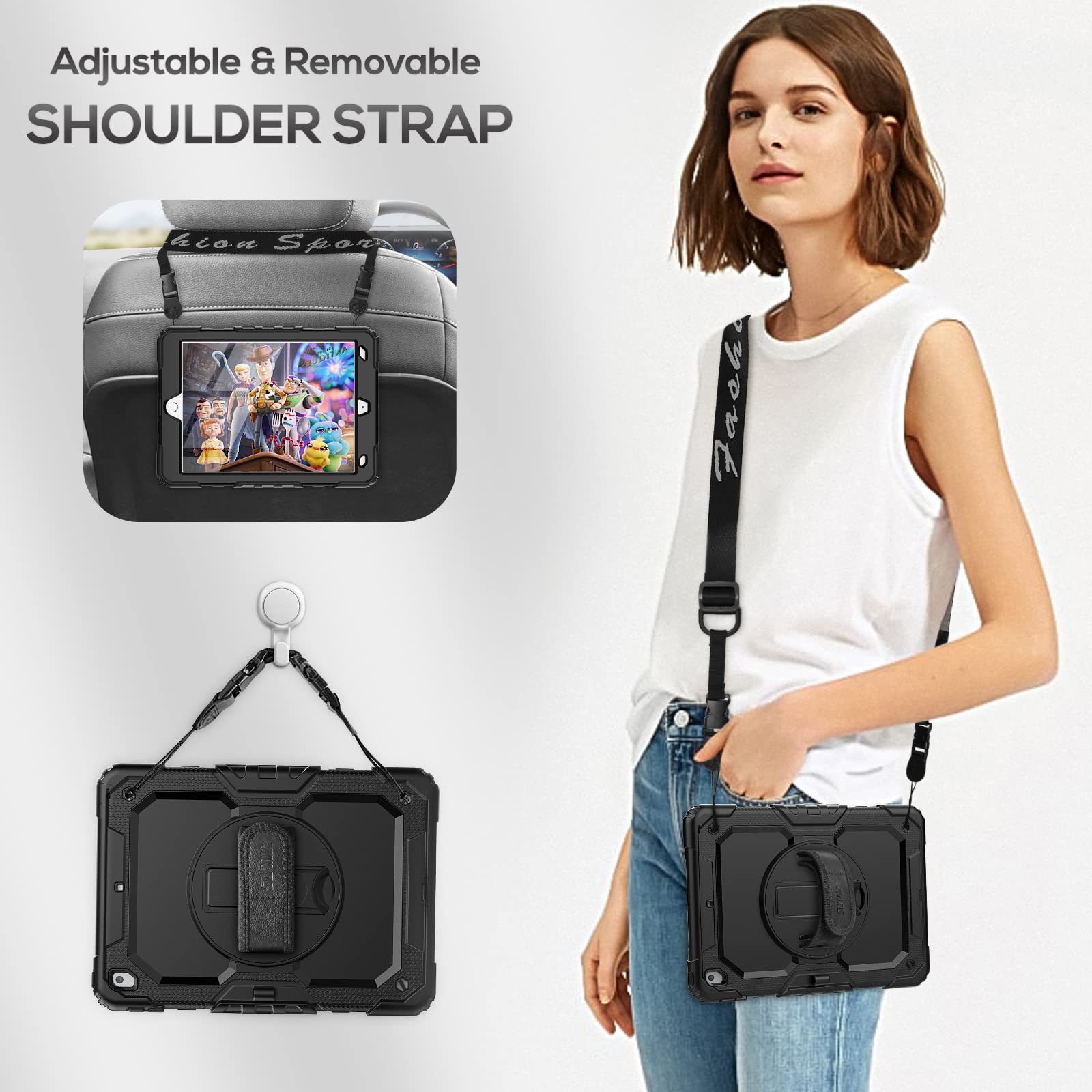 Seymac For Ipad 9Th/8Th/7Th Generation Case 10.2' 2021 2019, Full Body Shockproof Heavy Duty Protective Case With Screen Protector, 360� Rotating Stand/Handle/Shoulder Strap For Ipad 10.2, Black