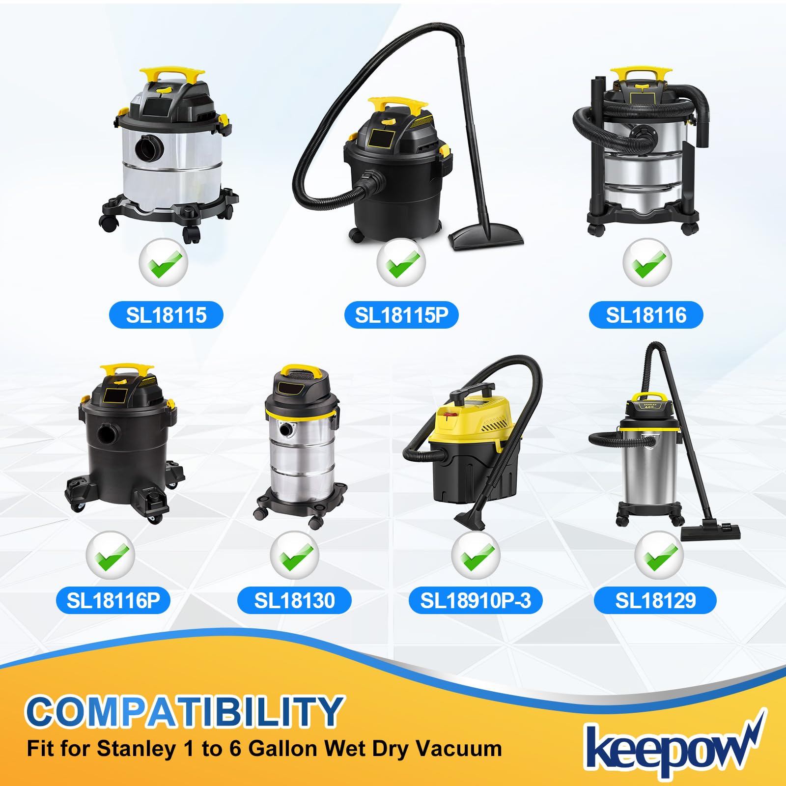 Keepow Shop Vac Filters For Stanley, Reusable Sl18129 Filters Compatible With Stanley 1 6 Gallon Wet/Dry Vacuums, Part# 25 1217