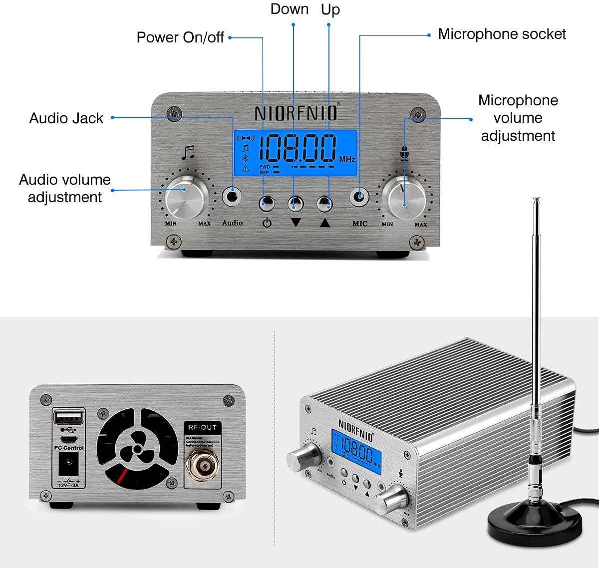 Niorfnio 15W Fm Transmitter   Bluetooth Wireless Stereo Broadcasting Range 87 108Mhz Transmitter, Used In Churches, Cars, Shoppi