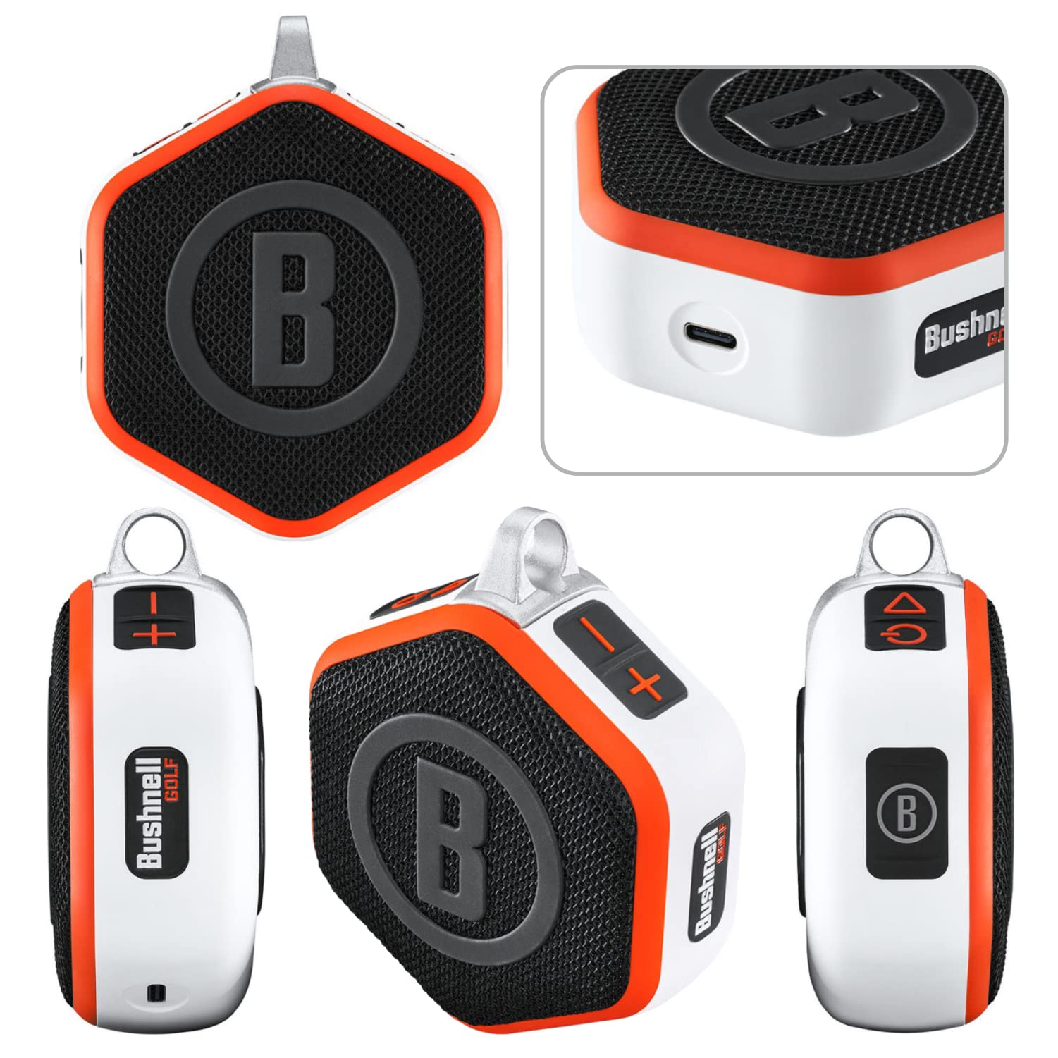 Bushnell Wingman Mini Orange/White Gps Bluetooth Speaker With Wearable4U Cleaning Cloth And Wall/Car Chargers Bundle