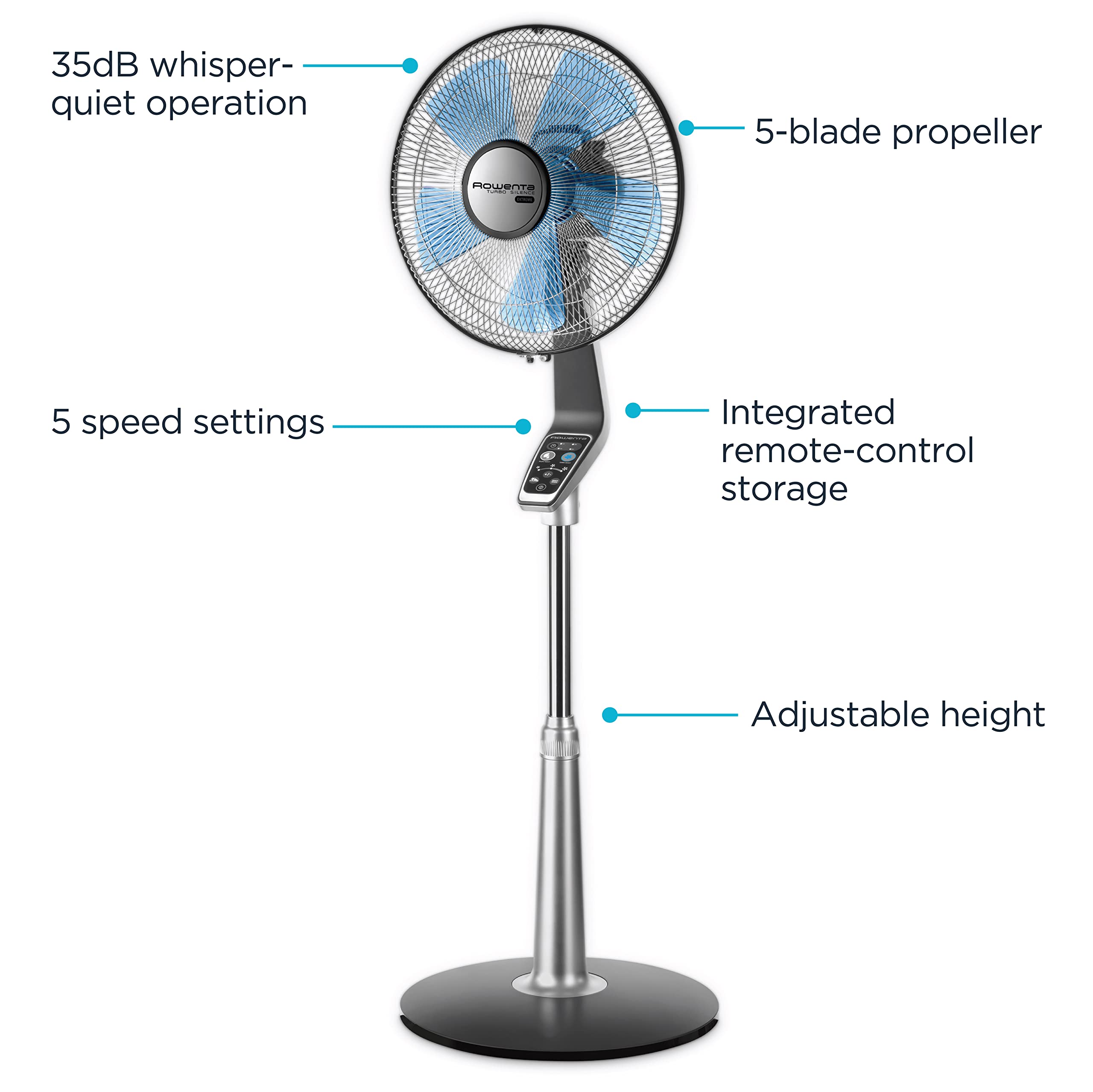 Rowenta Turbo Silence Standing Floor Fan With Remote 53 Inches Ultra Quiet Fan Oscillating, Portable, 5 Speeds, Indoor, Refresh