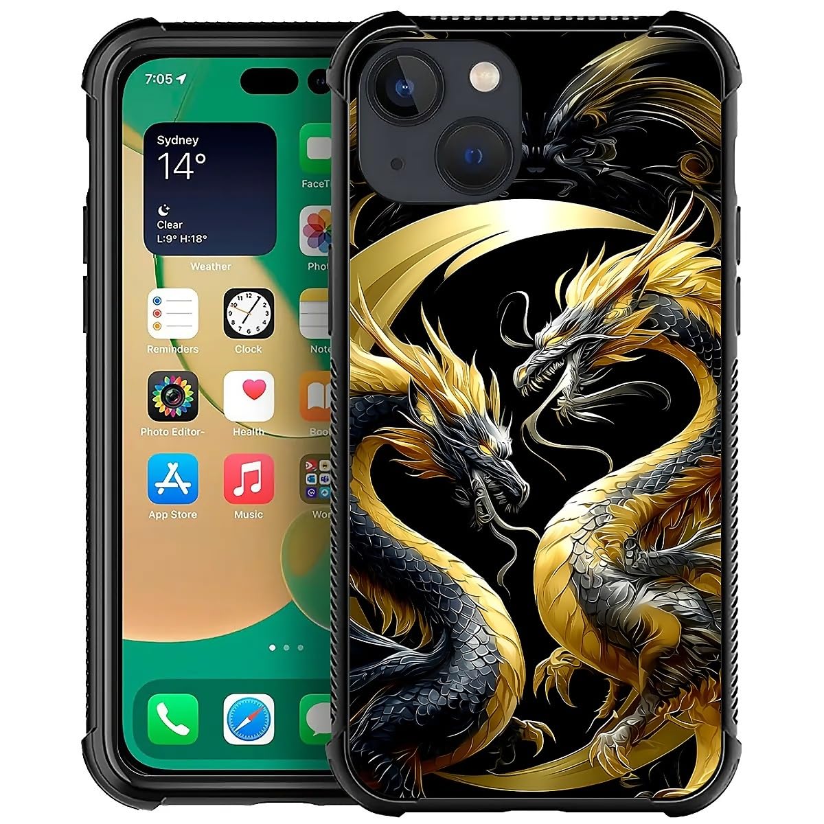 Deaorew for iPhone 14 Plus Case | Classic Slim Cover Design | Golden Black Dragon