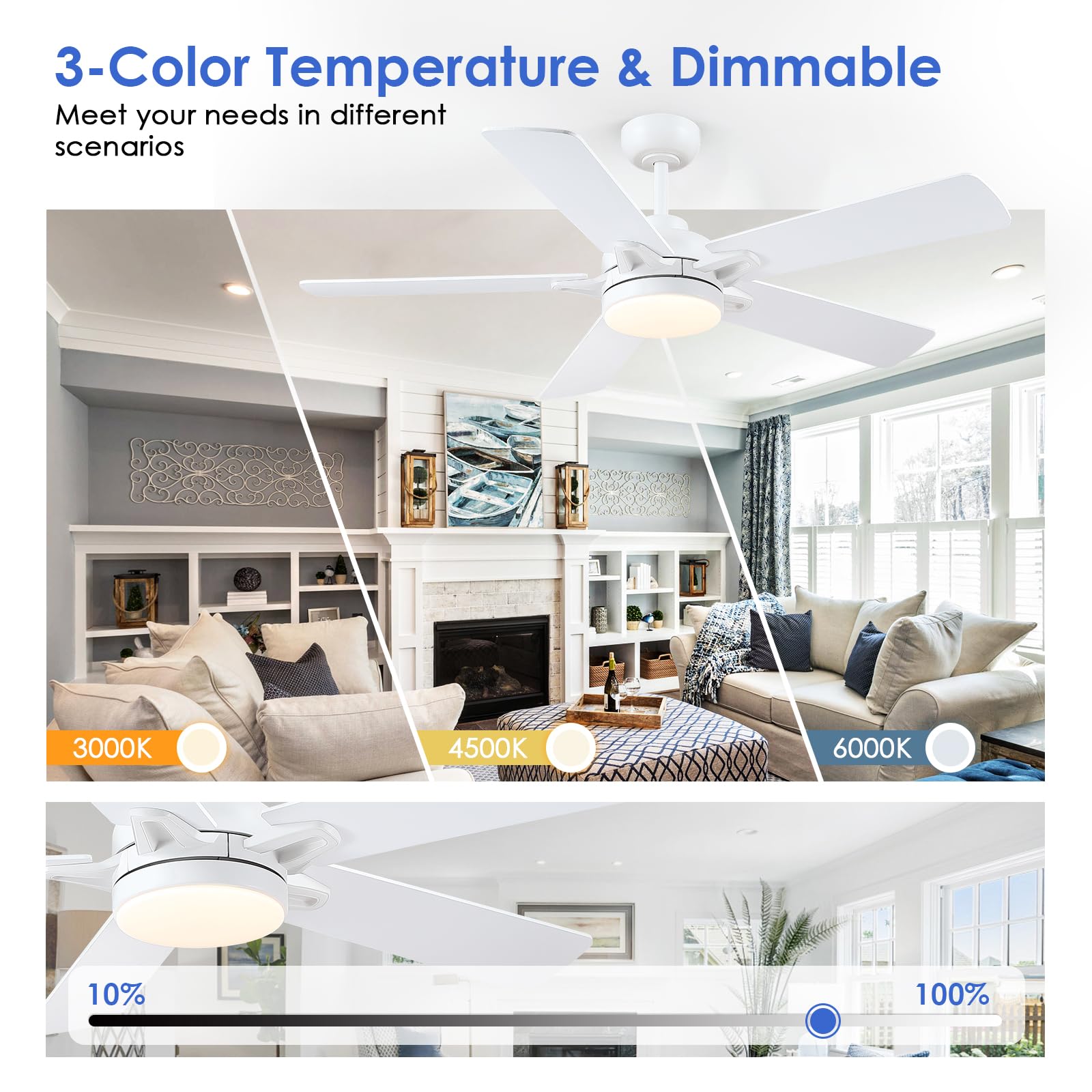 Chesur White Ceiling Fans With Lights   52 Inch Low Profile Ceiling Fan With Remote/App Control, 3Cct Dimmable Led Light, 6 Spee