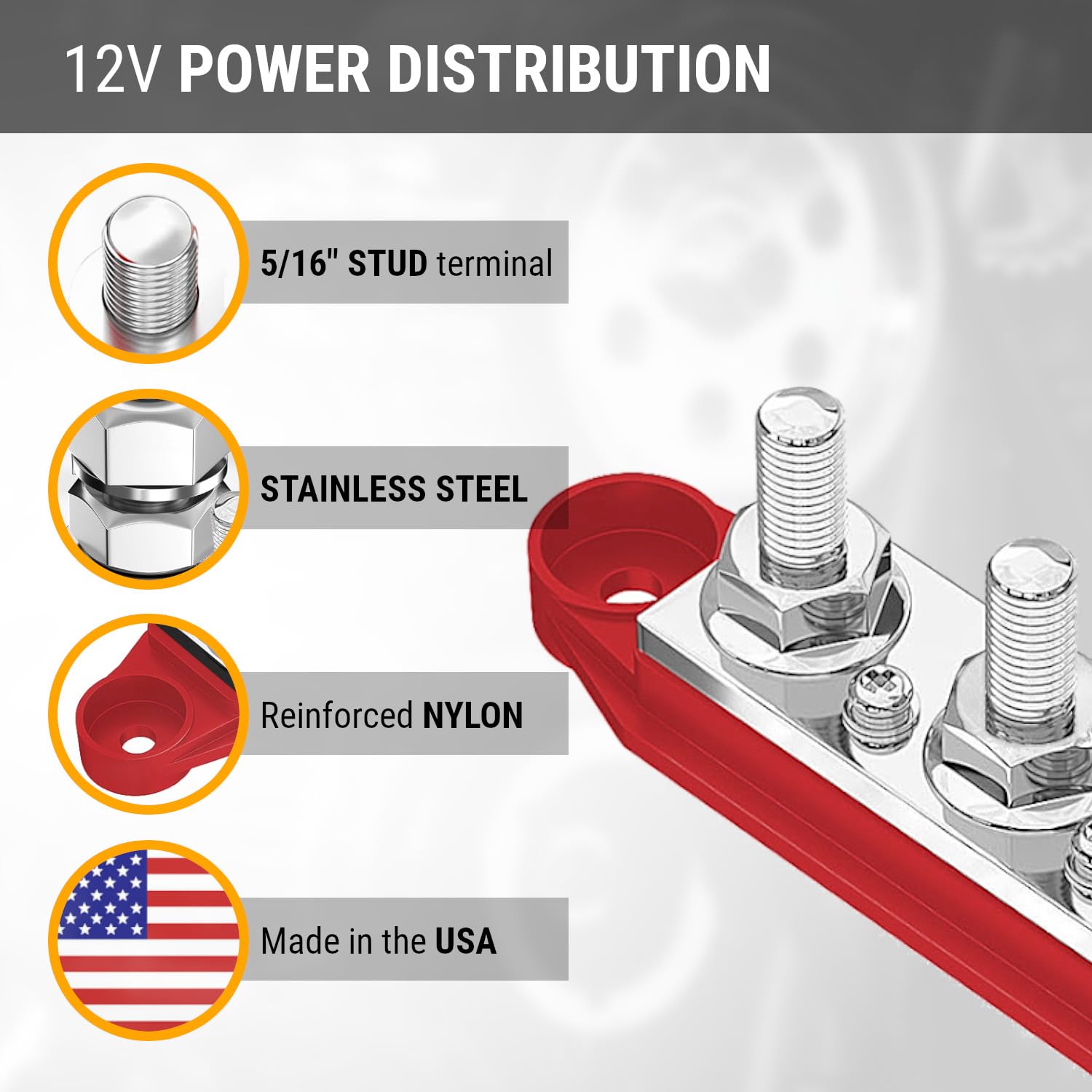 Mgi Speedware 4 Post Power Distribution Block Busbar 5/16'' Studs With Cover, 250 Amp Rating For Automotive, Marine, And Solar W