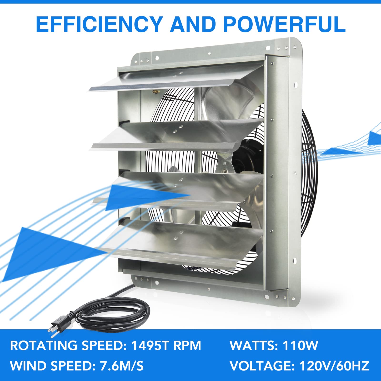 Jpower 18 Inch Shutter Exhaust Fan, Gable Vent Fan, Wall Mount Ventilation, High Speed 2600 Cfm, Automatic Aluminum Blades, For