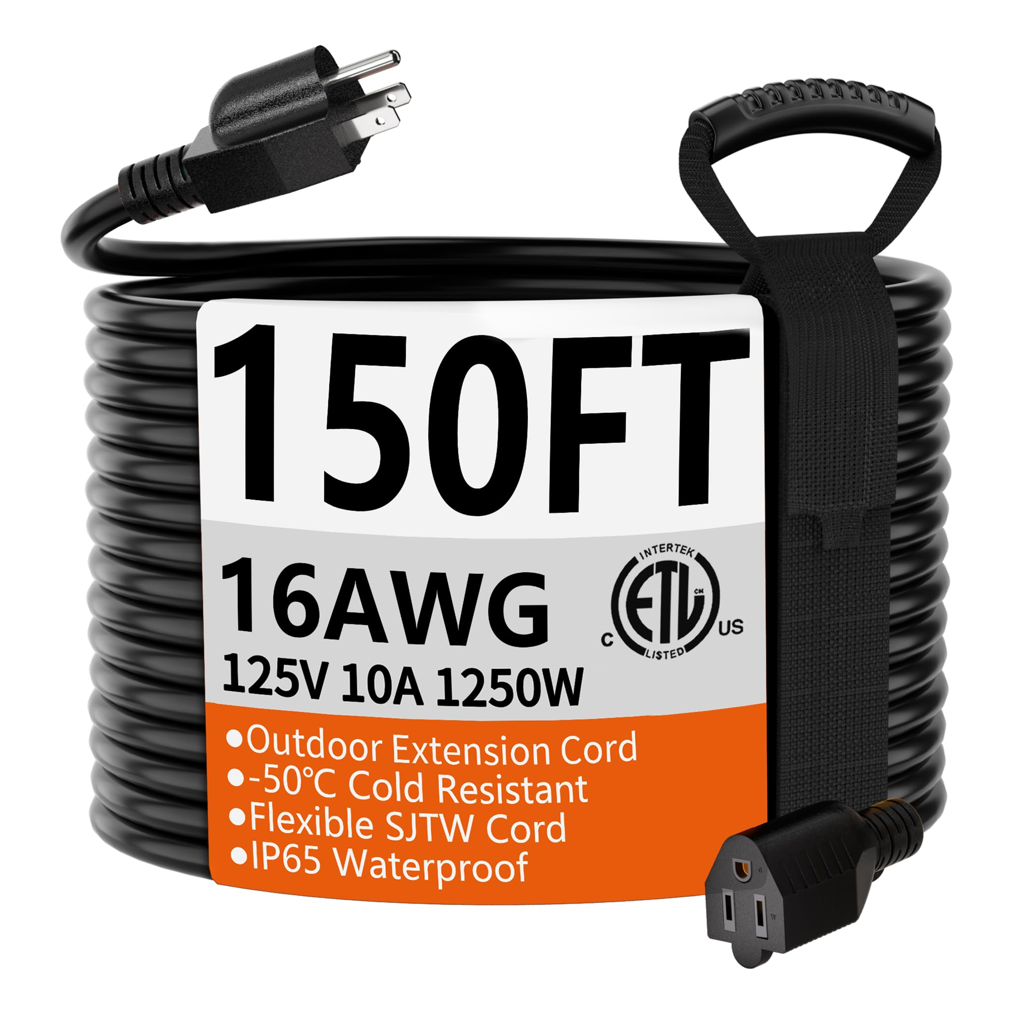 Huanchain 150 Ft 16 Gauge Black Indoor Outdoor Extension Cord Waterproof, Flexible Cold Weather 3 Prong Electric Cord Outside, 1