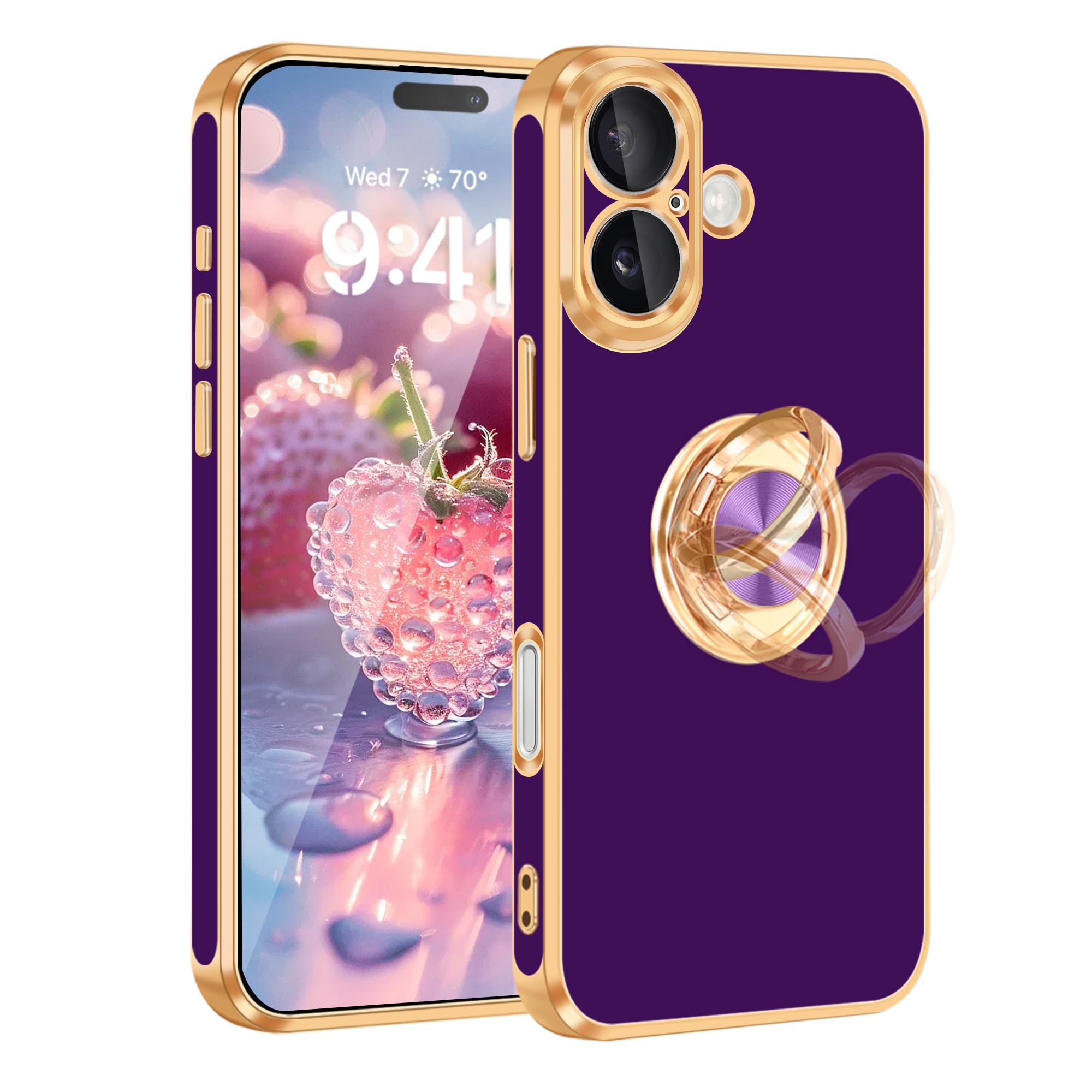 Fingic For Iphone 16 Phone Case[With 360 Ring Holder][Support Magnetic Car Mount]Cute Kickstand Slim Women Girls Nonslip Hard Pc