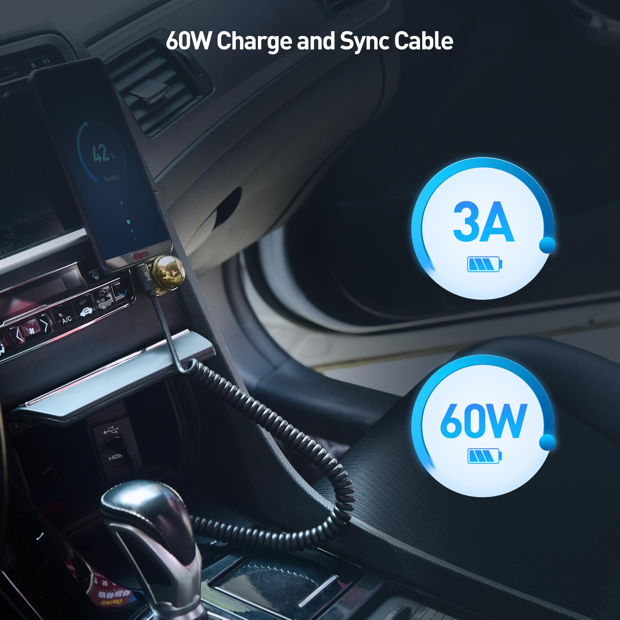 Cable Matters Coiled USB C to USB C Cable 1 4 Feet, Up to [60W Charging, 480Mbps Data Transfer] Compatible with Apple CarPlay, Android Auto, USB C Charger Cable for iPhone 16/15, Galaxy S24, iPad Pro