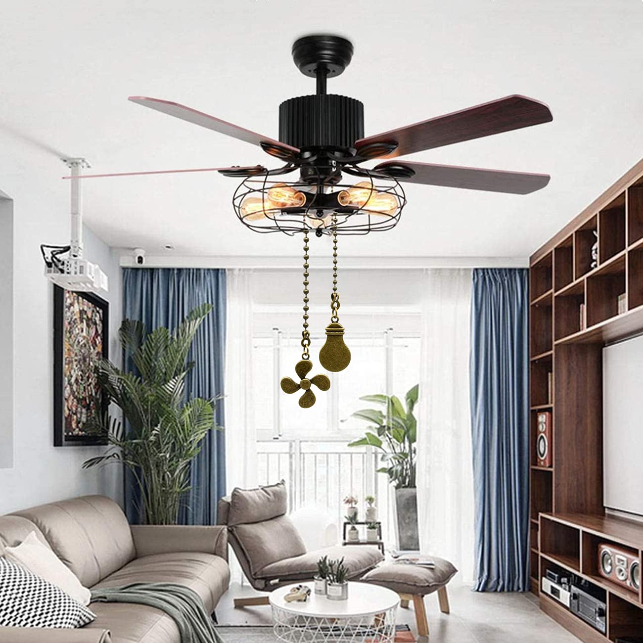 Ceiling Fan Pull Chain Set - 4 Piece Bulb And Fan Pattern Extension Pendant, 12 Inch Extender With Ball Connector (Antique Bronz