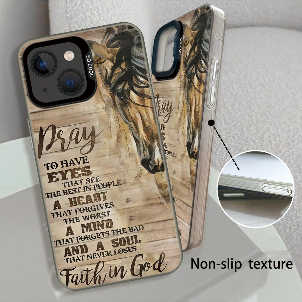 Wesbdn Horse Wood Grain Phone Case Compatible With Iphone 15 Plus & Iphone 14 Plus - Faith In God - Non-Drop Cover - Shockproof