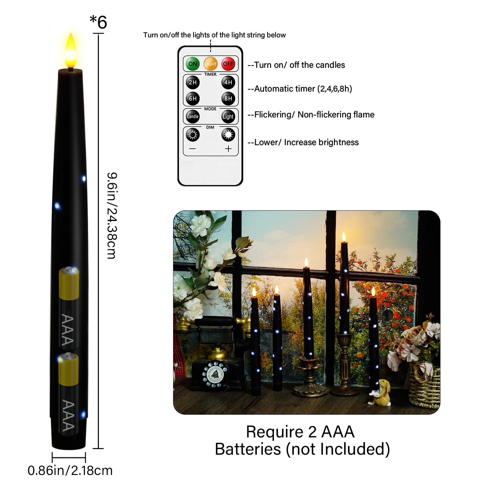 Nimiko Flameless Taper Candles With Star Lights, Remote Control, And Timer Control, Made Of Real Wax, Led Battery-Powered Candle