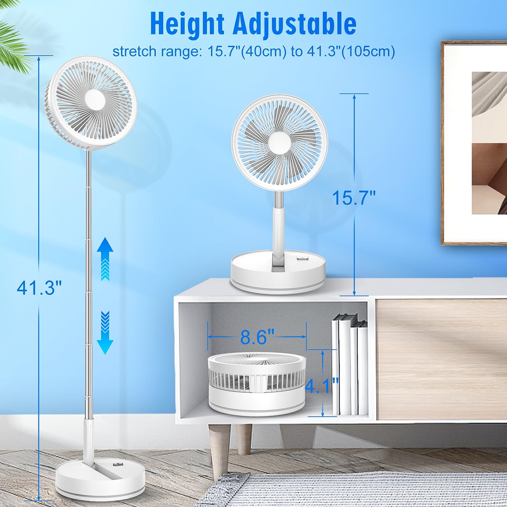 Lipety 9'' Portable Standing Oscillating Fan With Remote   7200Mah Rechargeable Battery Tall Floor Foldable Travel Fan For Sleep