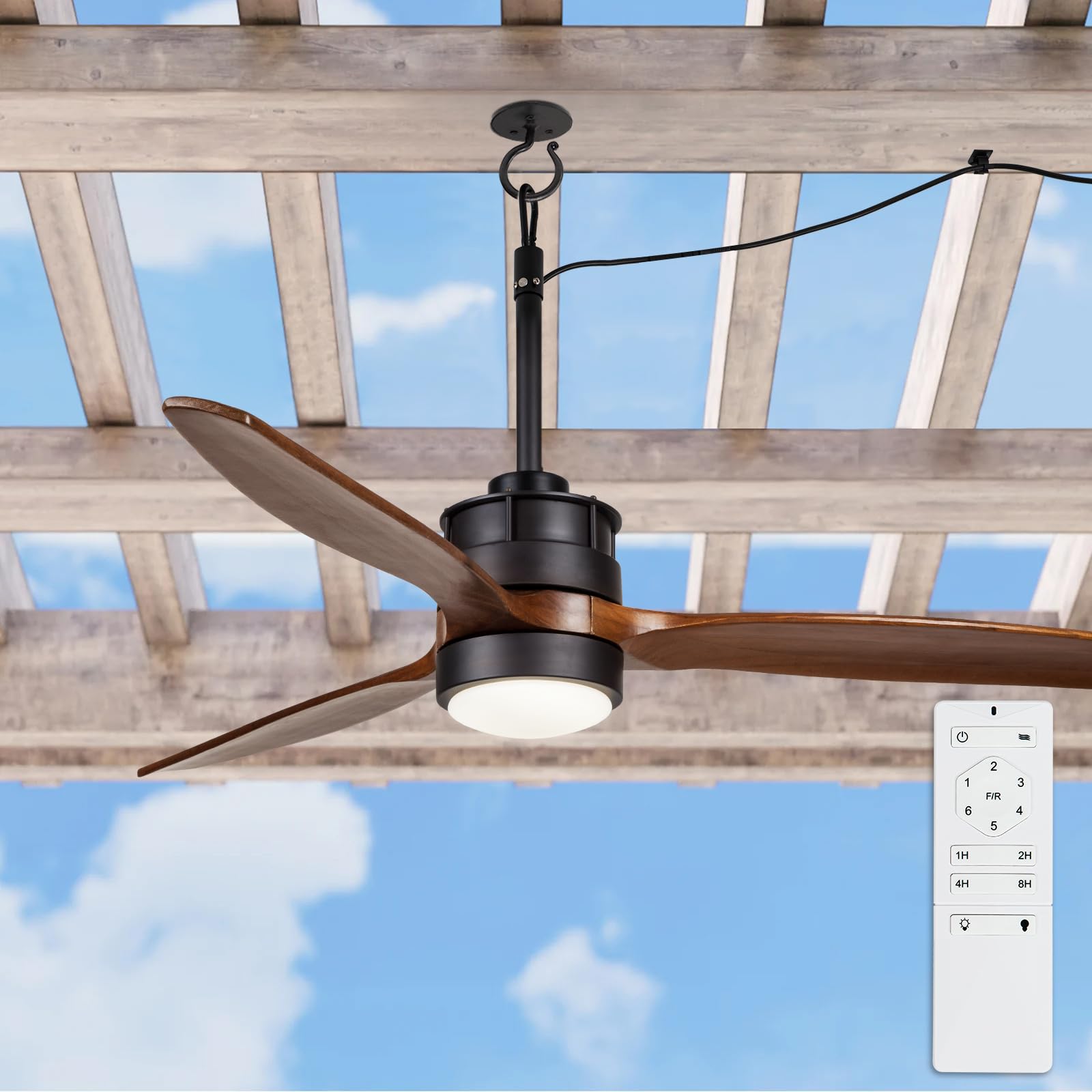 EKIZNSN 42 Inch Waterproof Outdoor Ceiling Fan for Gazebo with Hook - Damp Rated Hanging Fan with Light for Pergola, Walnut