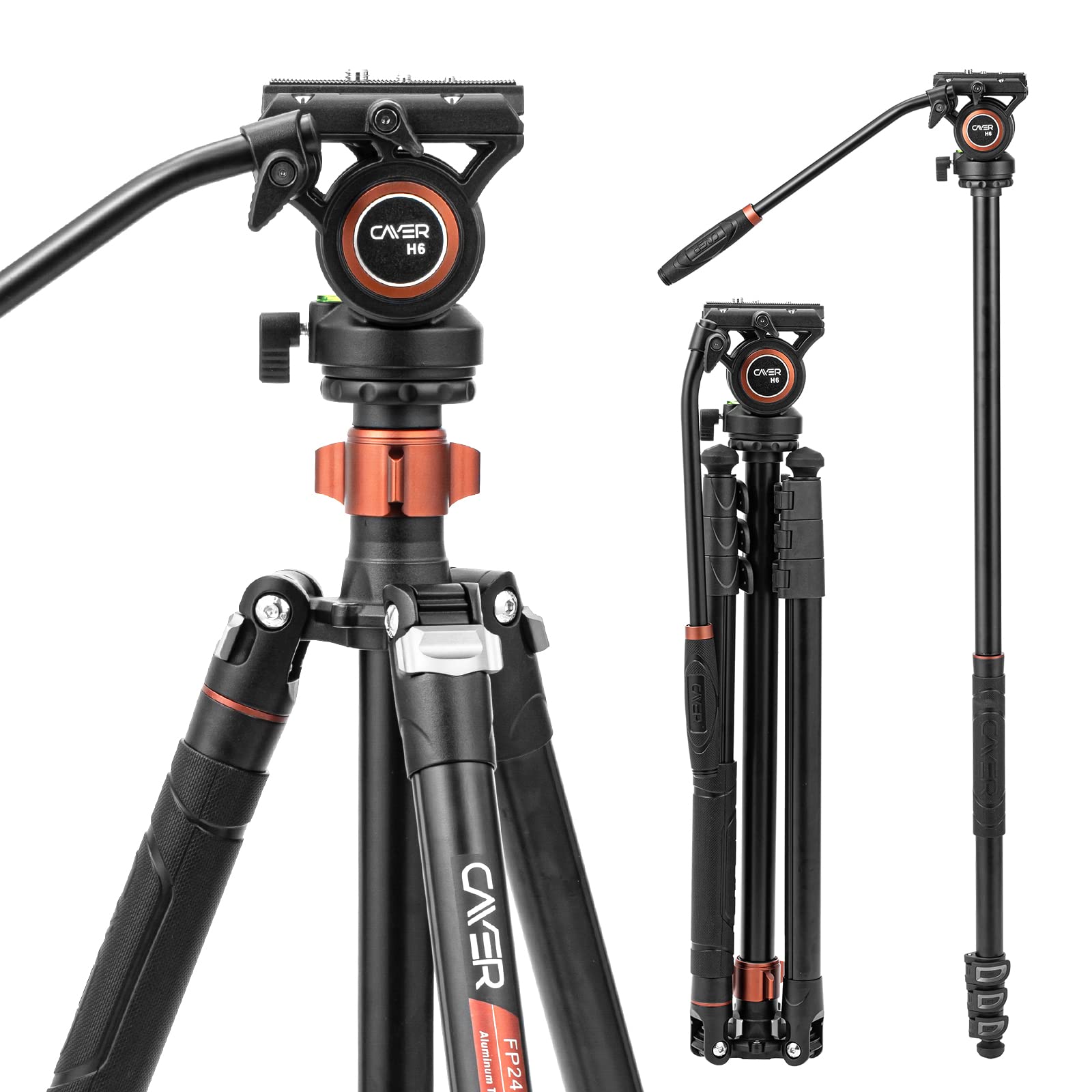 Cayer Fp2450 Fluid Head Tripod, 75 Inches Aluminium Video Tripod, 4 Section Compact Camera Tripod Monopod With Fluid Head For Ds
