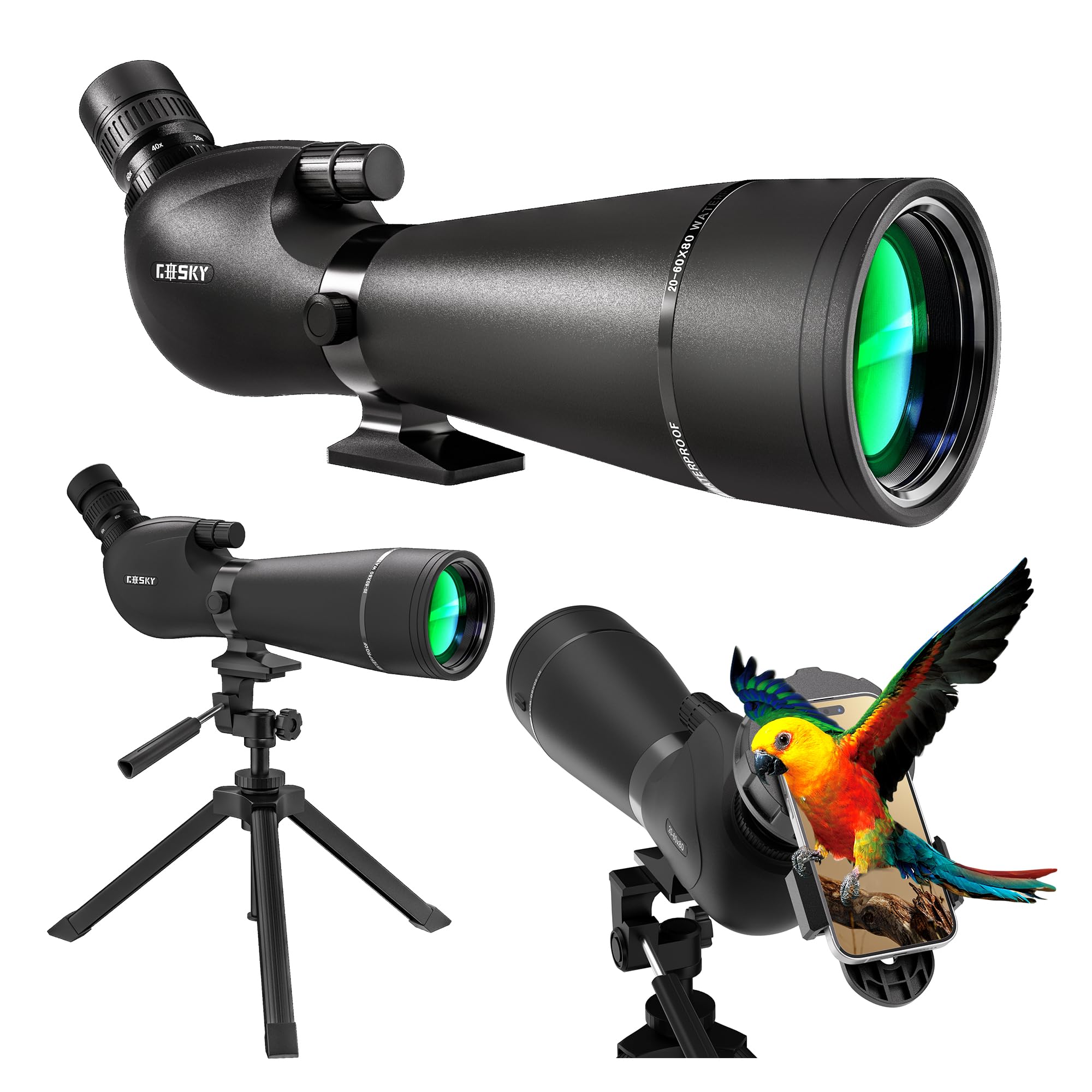 Gosky HD Spotting Scope 20-60x80mm with Tripod and Smartphone Adapter, BAK 4 Prism Spotter Scopes for Bird Watching Target Shoot