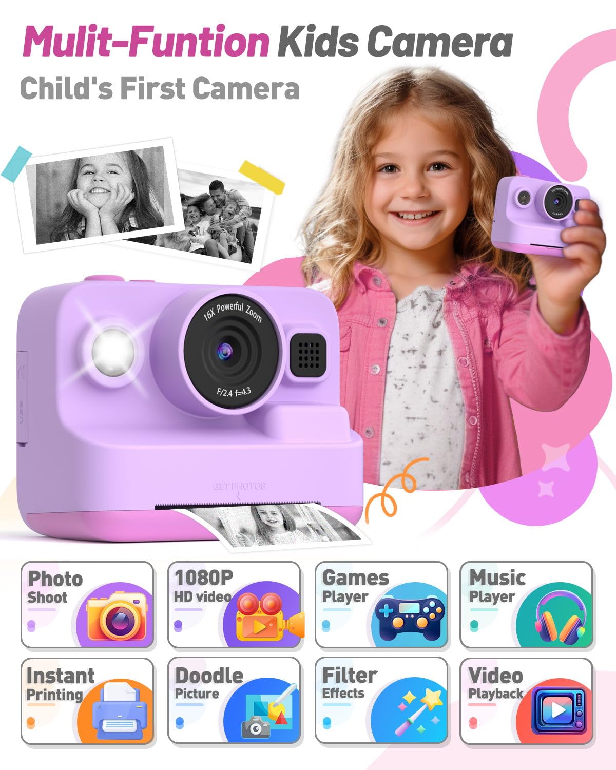 Yehtta Instant Print Camera For Kids, Christmas Birthday Gifts For 3 12 Year Old Girls Boys, 2.4In Screen 1080P Video Digital Ca