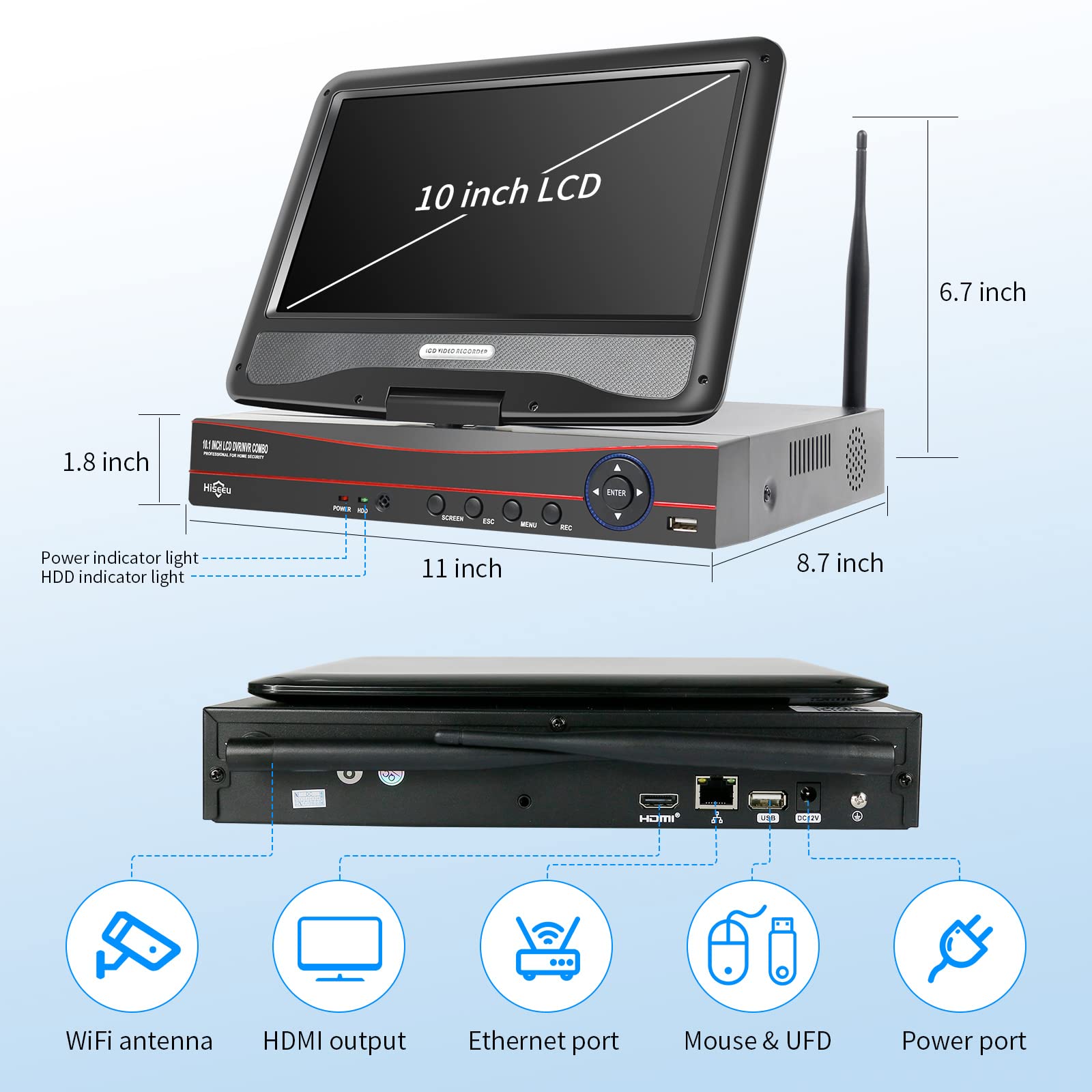 ?No Hdd? 10'' Lcd Wireless Wifi Nvr 10 Channels Network Video Recorder, Motion Detection Zones, 24/7 Record, Work With Hiseeu Eseecloud 1080P/3Mp/5Mp Wireless Camera