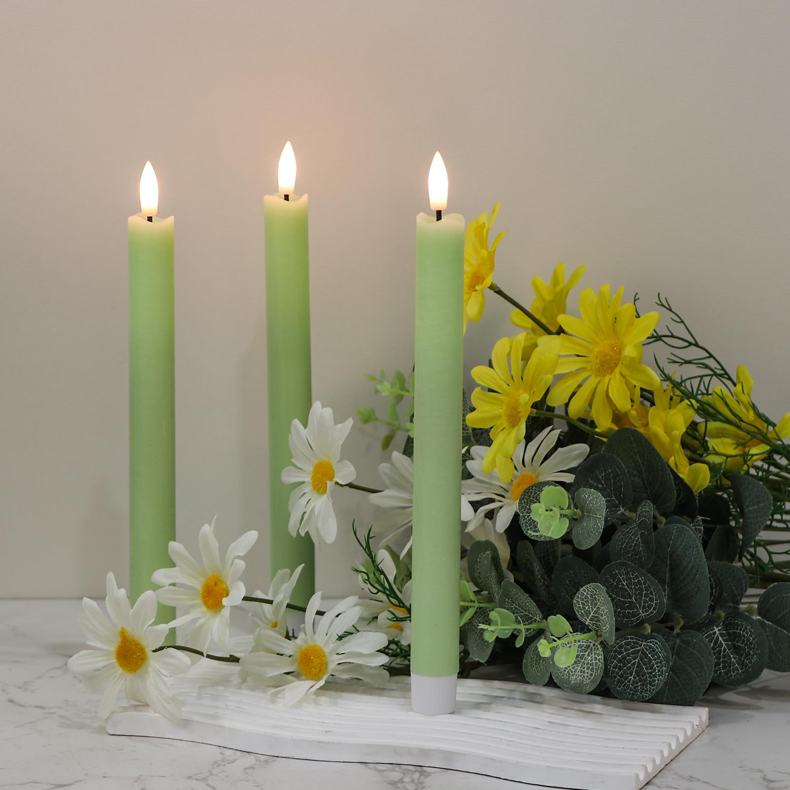 Genswin Flameless Green Taper Candles Flickering With 10 Key Remote, Battery Operated Led Warm 3D Wick Light Window Candles Real