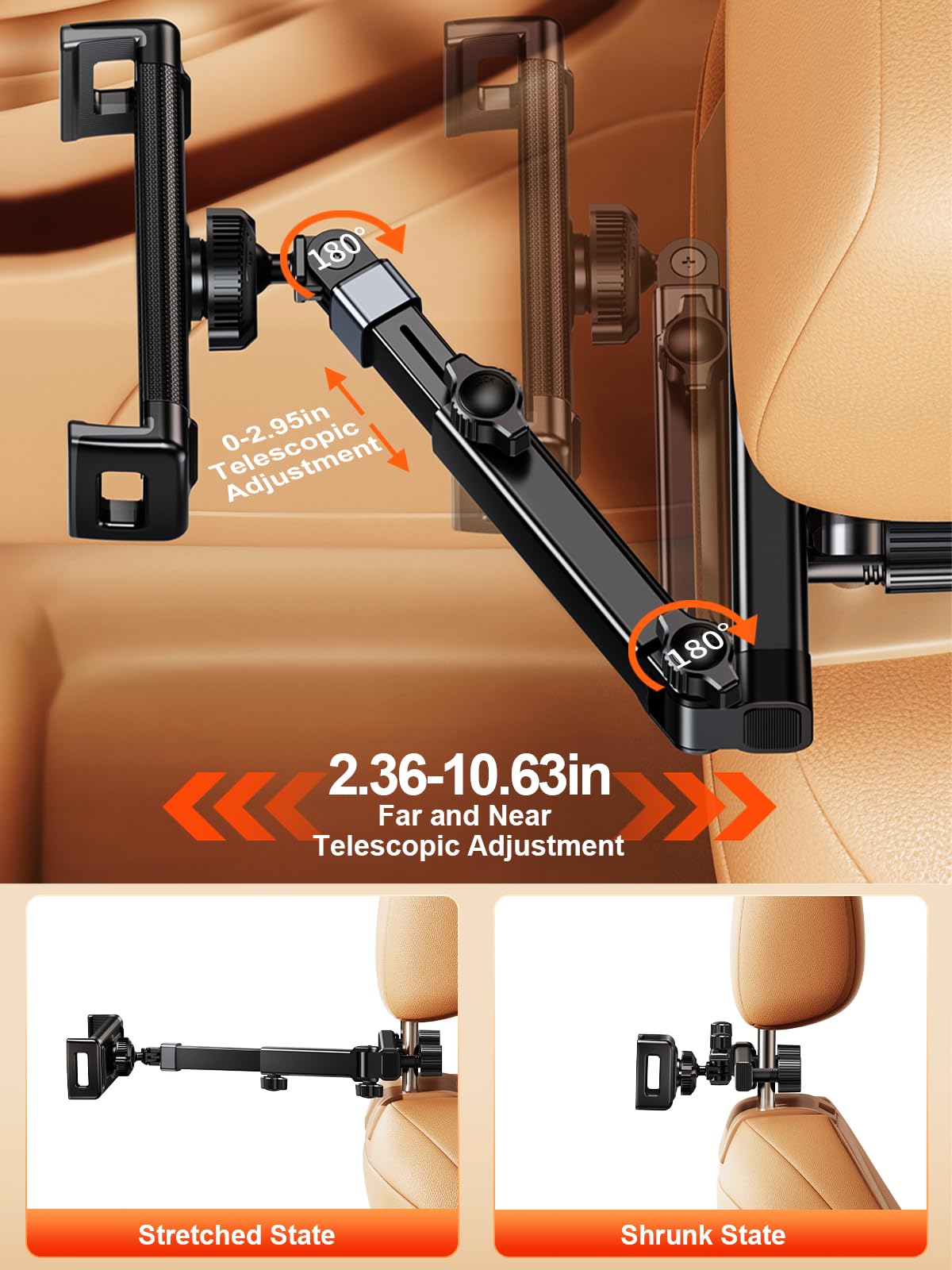 Nediea Headrest Tablet Holder, Car Headrest Tablet Stand, Extension Arm Car Back Seat Mount Tablet Holder For Kids, Compitible With 4.7 12.9' Tablet Ipad Pro, Air, Mini, Galaxy, Fire
