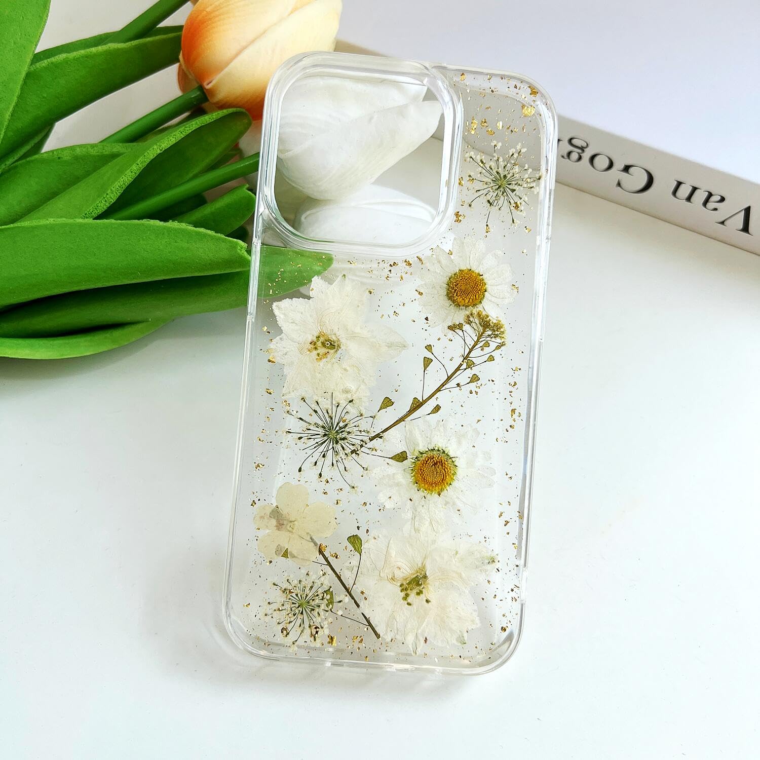 Lseeka For Iphone 14 Pro Clear Case With Pressed Real Flowers Design,Glitter Cute White Floral Pattern Slim Soft Tpu Protective