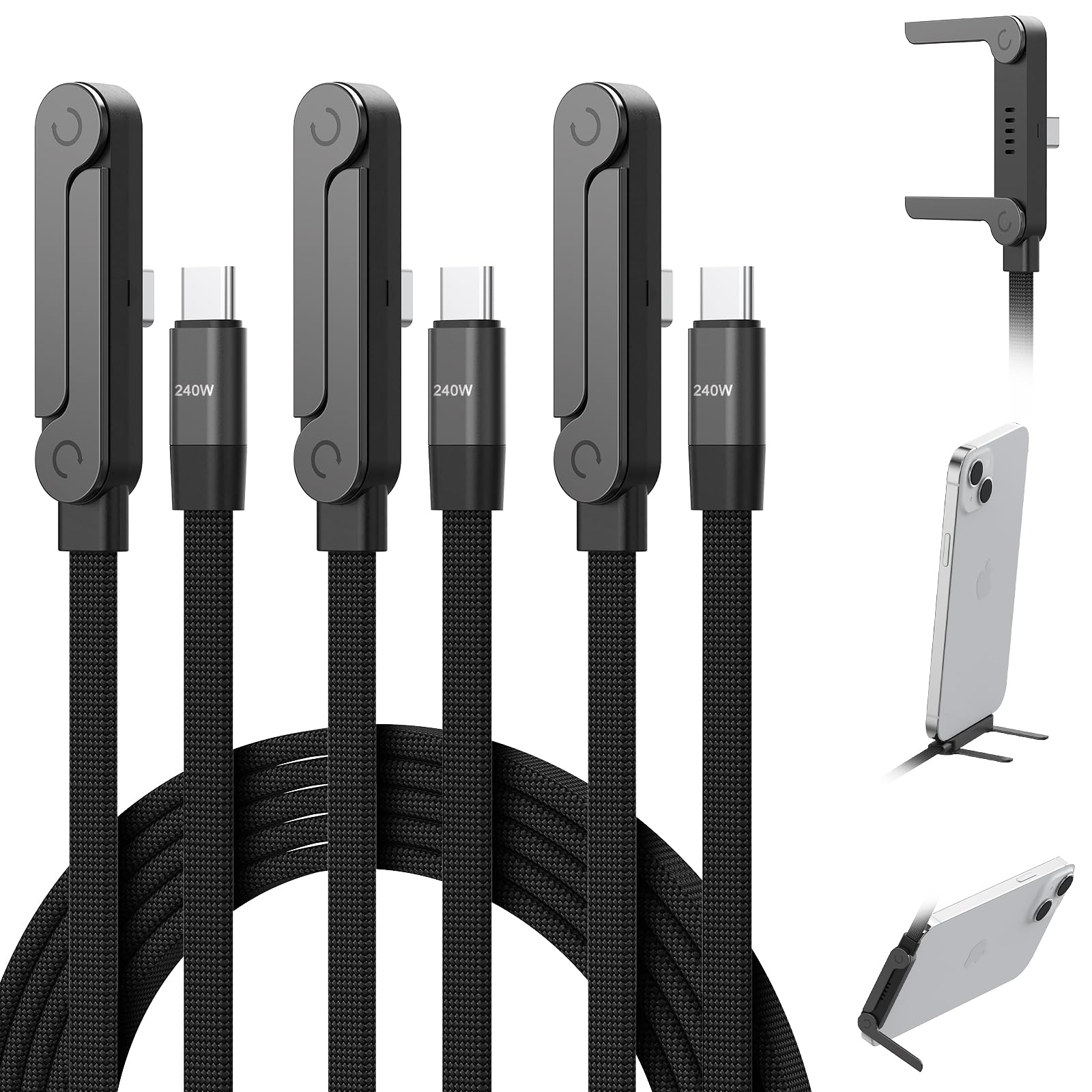3Pack USB C to USB C Cable with Builtin Phone Stand 90 Right Angle 240W 5FT Nylon Braided Fast Charging Cord for iPhone 17 16 1