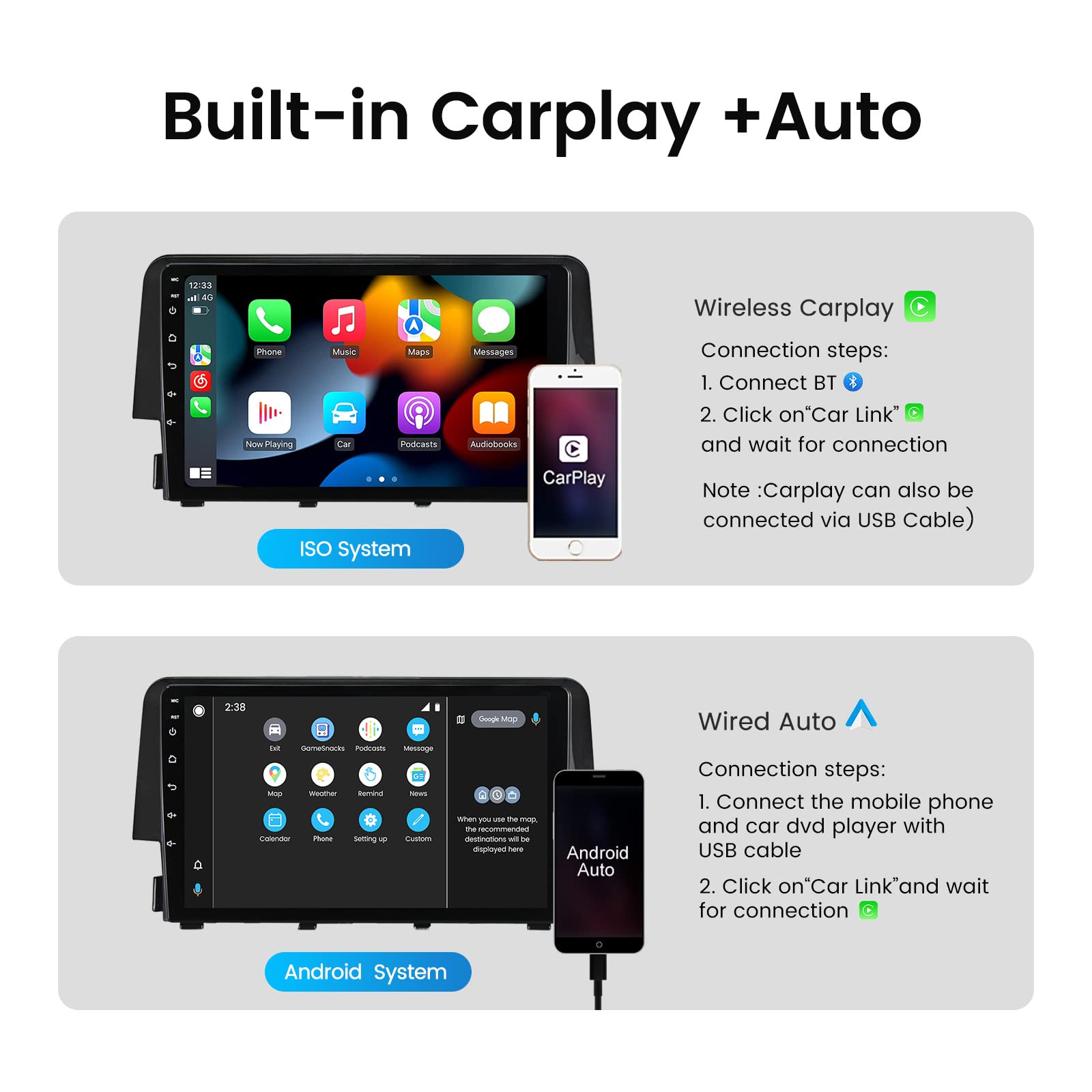 Biorunn Android 12 Car Stereo For Honda Civic 2016 2017 2018 2019 2020 2021, 9 Inch Car Radio Octa Core Wireless Wired Car-Play