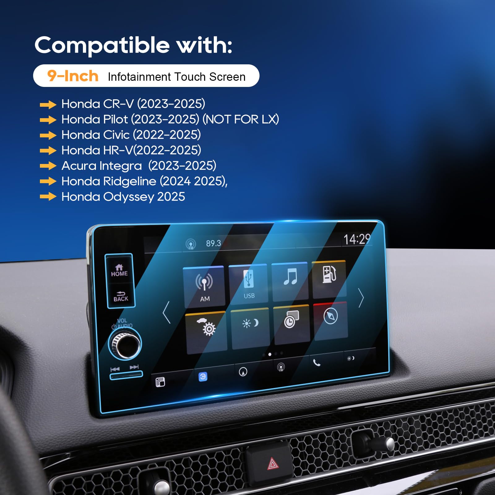 Lfotpp 2023 2024 2025 Crv Screen Protector Crv Ex L Sport Touring Hybrid 9 Inch Cr V Accessories Hon Da Civic/Hrv/Integra (2023 2025)(2023+ 9In Glass)