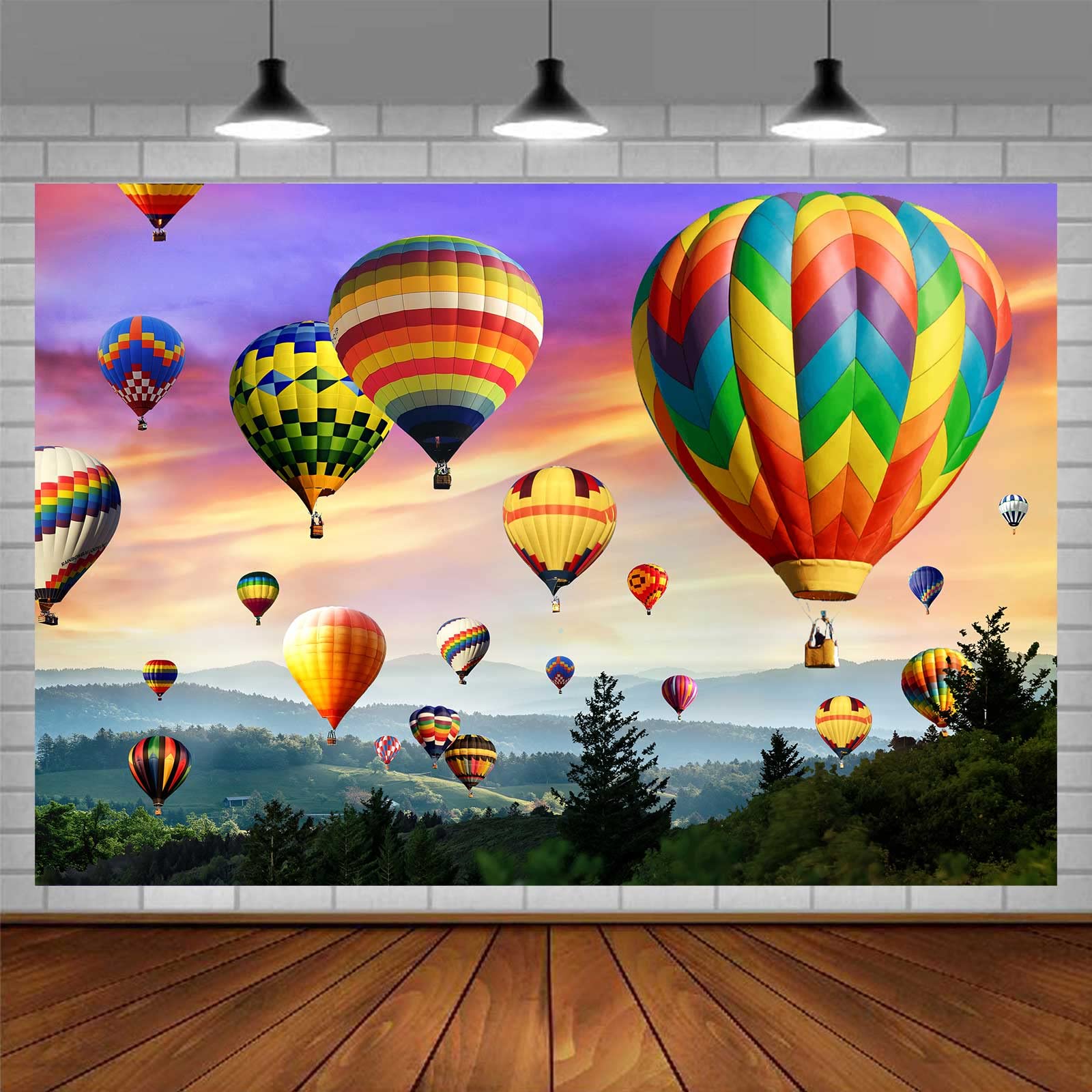 Emdspr Hot Air Balloon Backdrop, 7X5Ft Vinyl, Colorful Rainbow Sky Romantic Mountains Photography Background Travel Party Decor