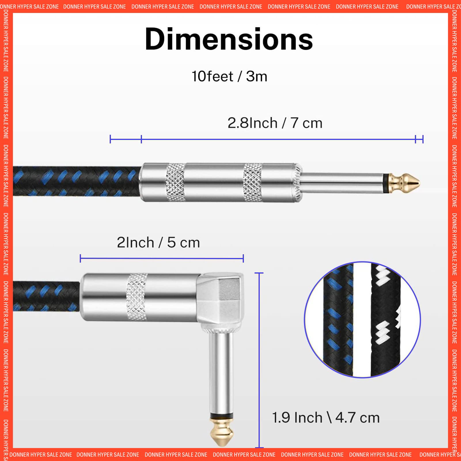 Donner Guitar Cable 10 Ft, Premium Electric Instrument Bass Cable Amp Cord 1/4 Right Angle To Straight Black Blue