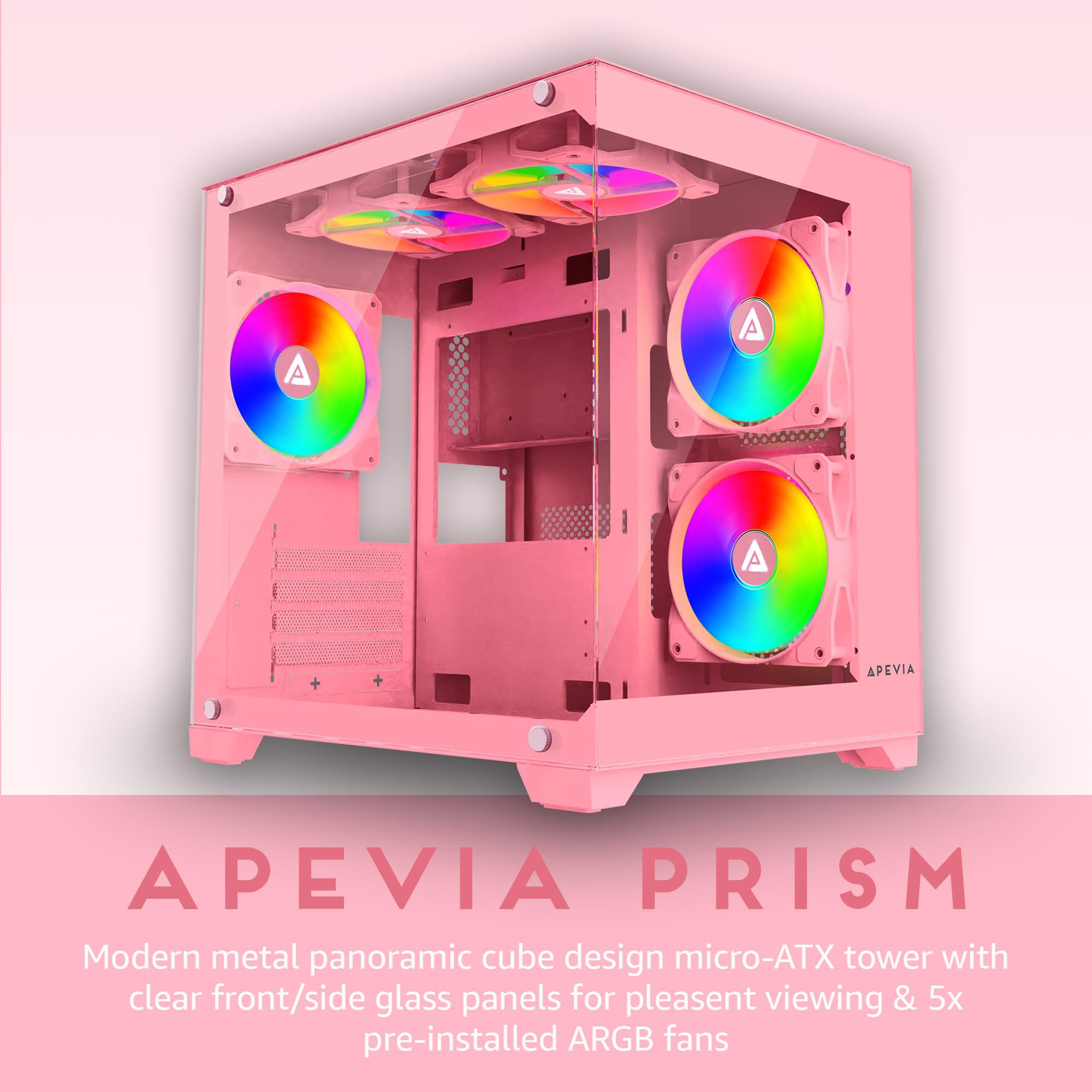 Apevia Prism Pk Prism Micro Atx Gaming Pc Cube Case W/ 5X 120Mm Argb Fans, 366 Rgb Modes, Dual Tempered Glass Panels, 240Mm Radi