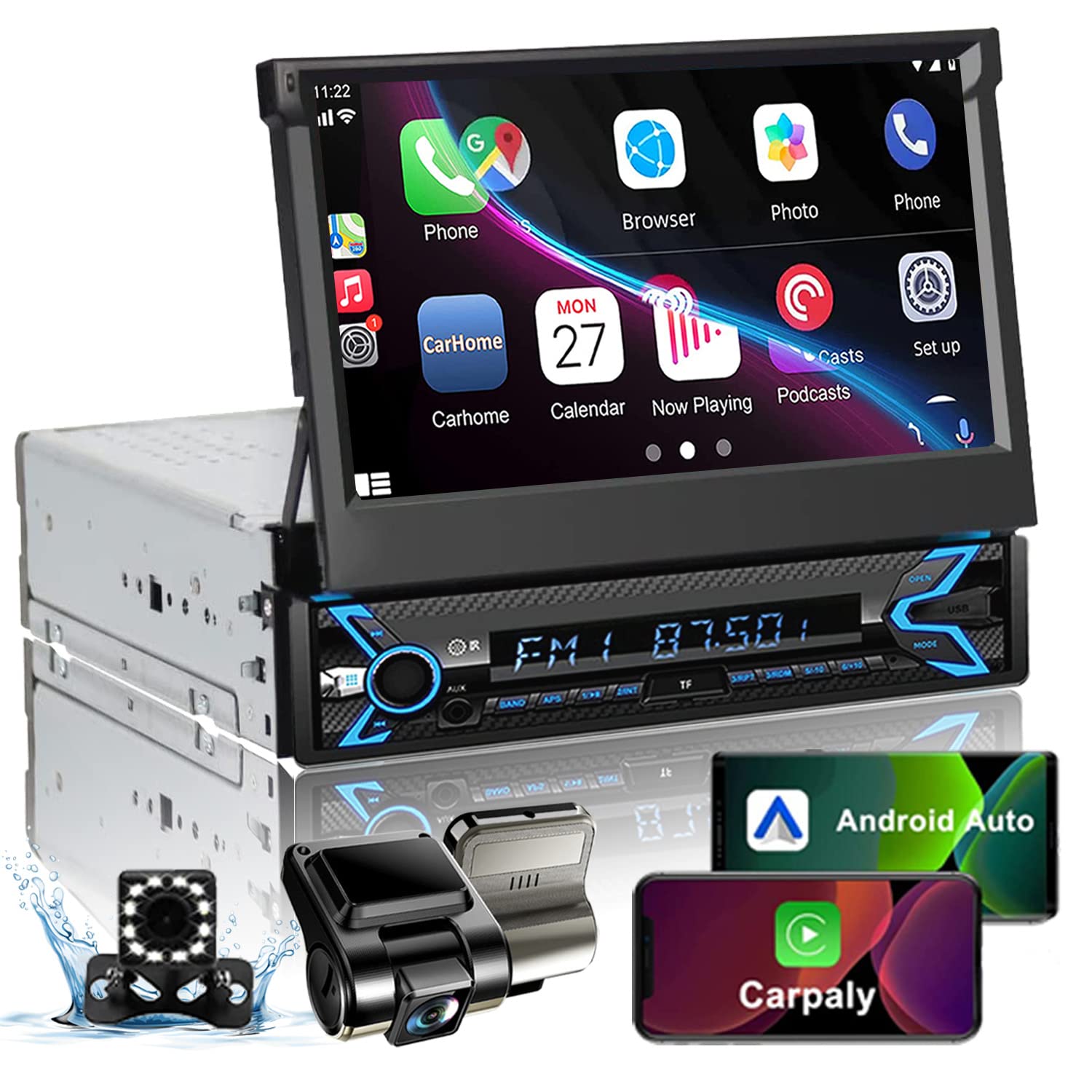 Naifay Single Din Car Stereo With Dash Cam & Backup Camera, 7Inch Flip Out Single Din Touchscreen Car Stereo With Apple Carplay