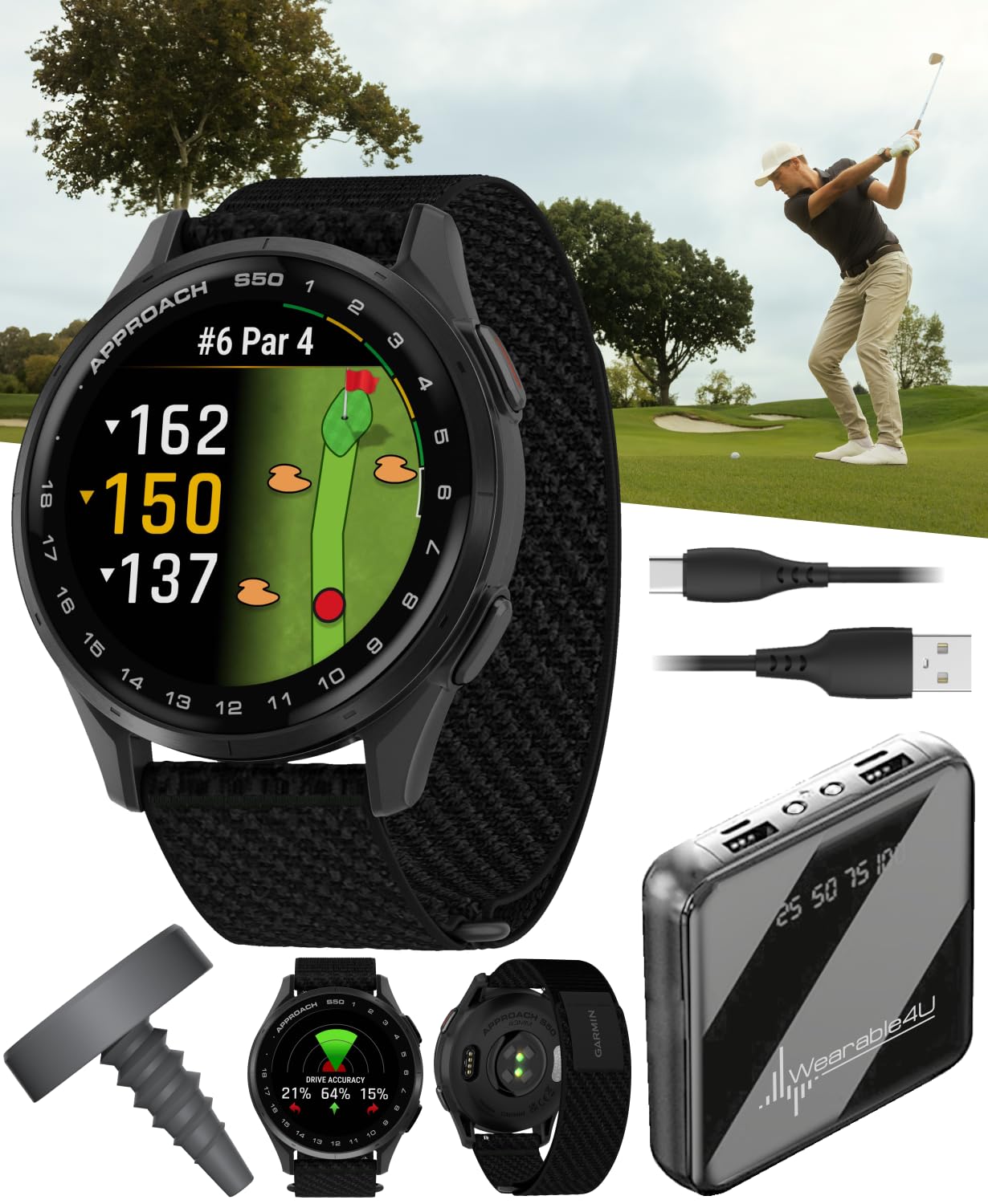 Garmin Approach S50 Golf GPS Smartwatch Slate Aluminum Bezel with Black ComfortFit Nylon Band, CT1 Club Tracking Tags with Weara