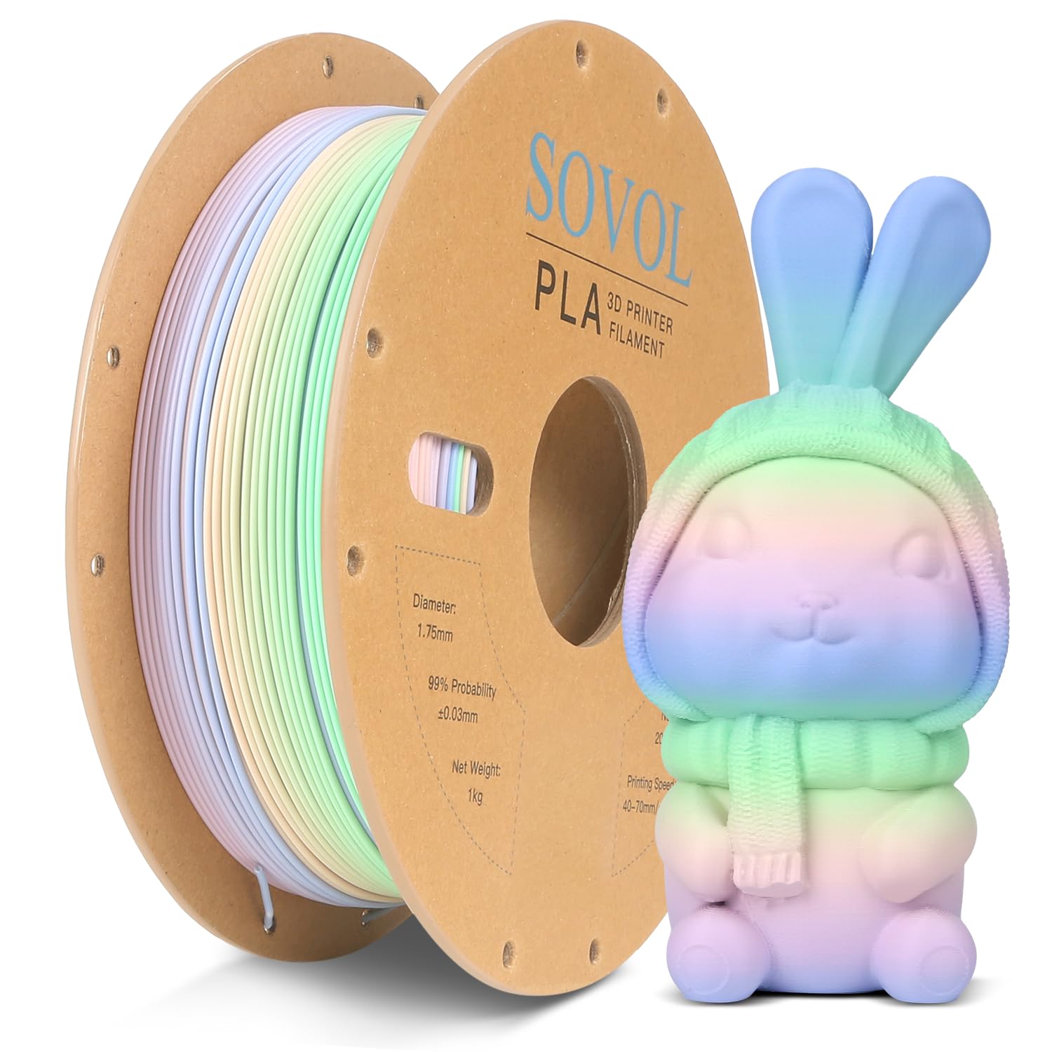 Sovol 3D Printer Matte Multicolored Fast Change Rainbow Pla 1Kg (2.2 Lbs) Spool 3D Printing Materials, Dimensional Accuracy +/ 