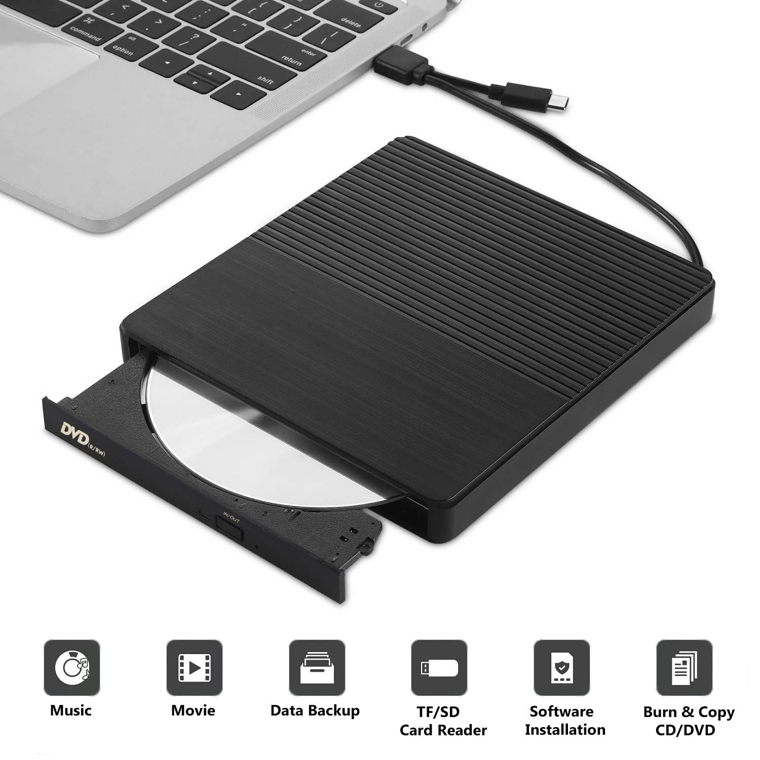 Intendvision External Cd Dvd Drive Usb 3.0 Type C Cd Rw Dvd R Combo Burner With Sd/Tf Slot, 2 Usb 2.0 Port For Pc Laptop Compute
