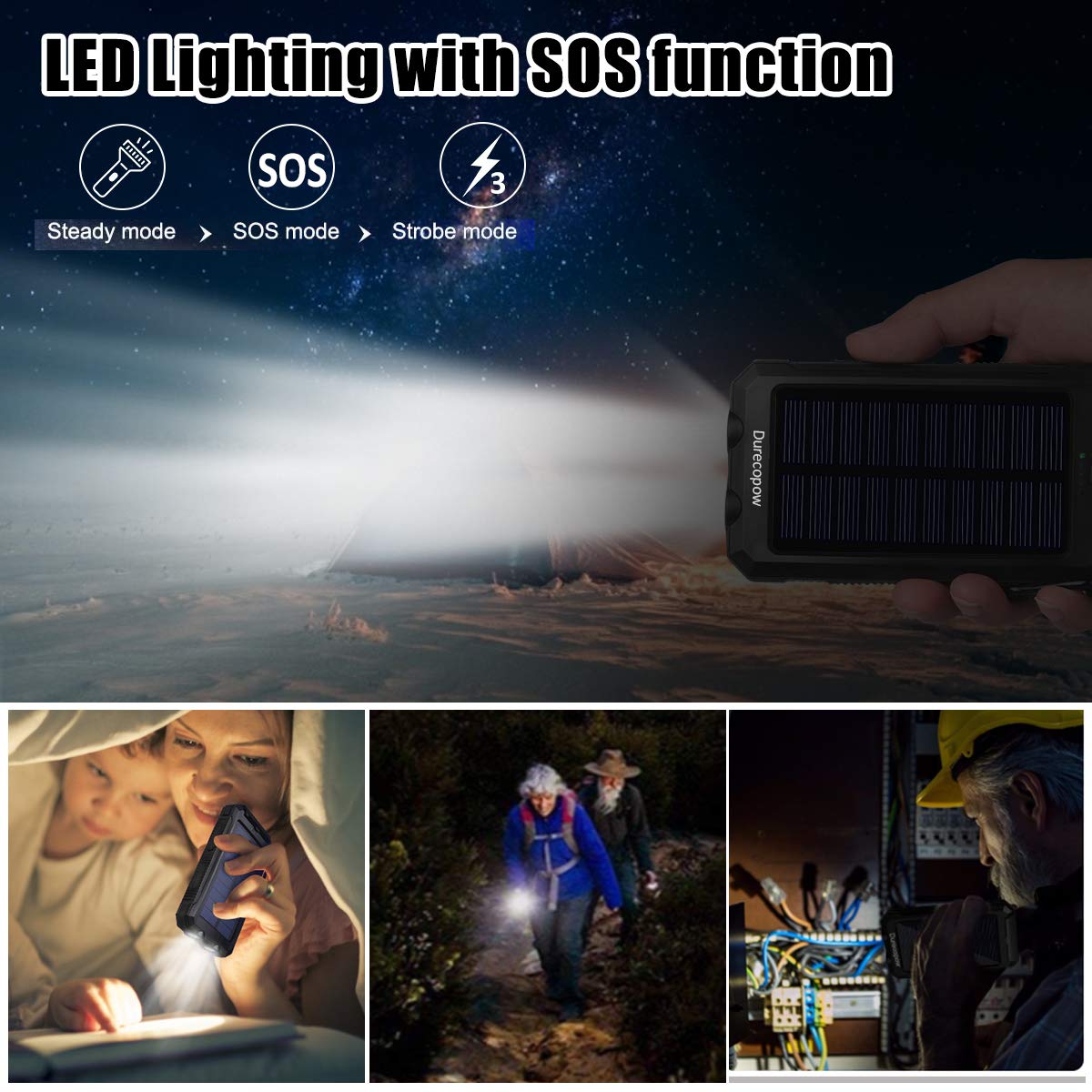 Solar Charger, 20000Mah Portable Outdoor Waterproof Solar Power Bank, Camping External Backup Battery Pack Dual 5V Usb Ports Out