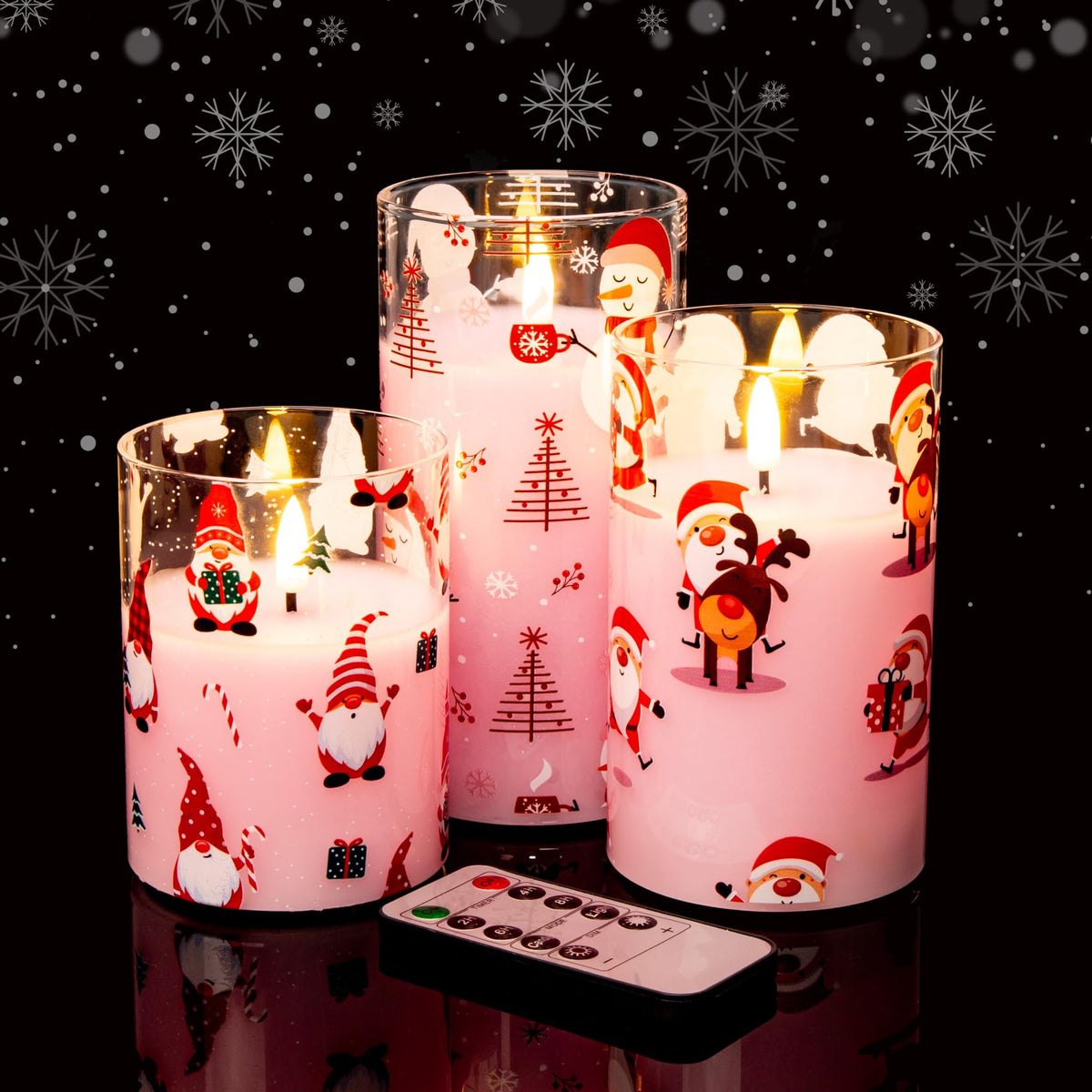 Eywamage Pink Christmas Glass Flameless Candles With Remote, Flickering Snowman Santa Gnomes Led Pillar Candles Set Of 3