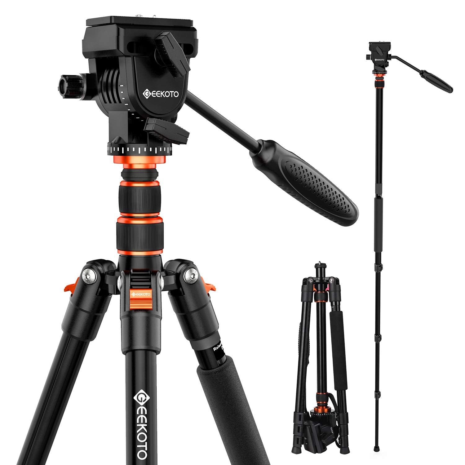 Geekoto Video Tripod Fluid Head,Professional Camera Tripod For Dslr,Monopod Aluminum 77' For Video Camcorder Canon Nikon Sony With 1/4' Screws Fluid Drag Pan Head,Load Capacity Up To 20 Pounds