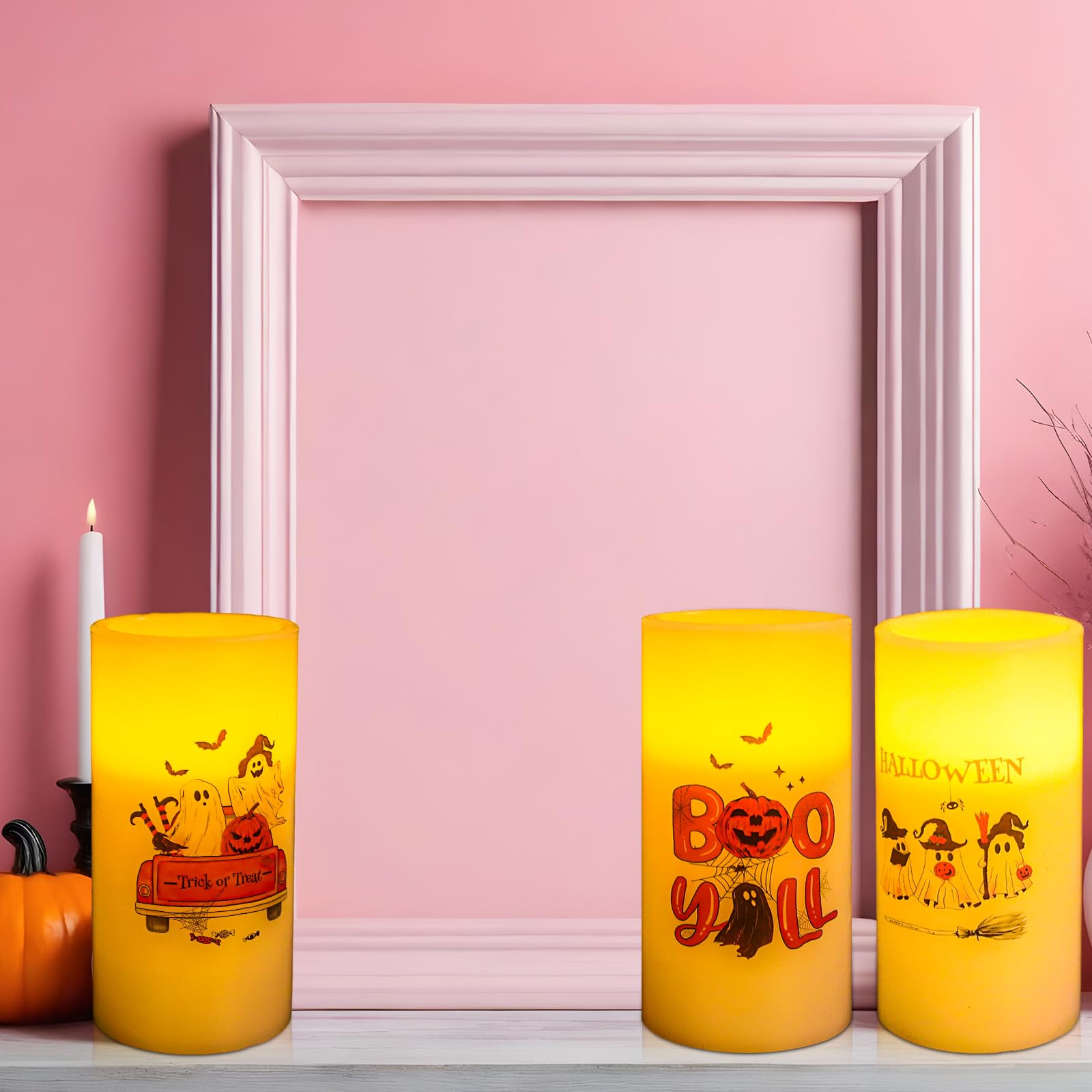 Whaline Halloween Led Flameless Candles Pink Ghost Pumpkin Warm Light Battery Operated Pillar Candles Electric Flickering Candle