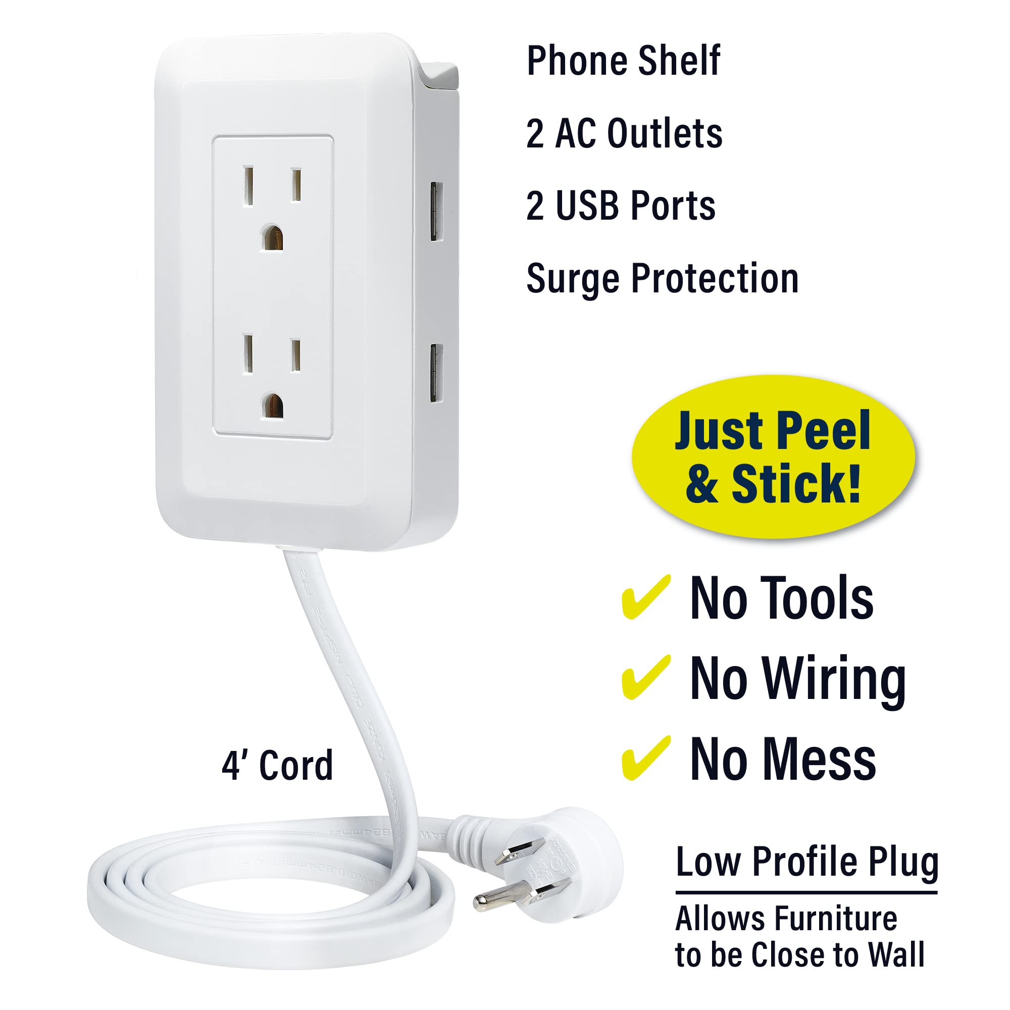 Ontel Presto Plug Outlet Extender For Relocating Unreachable Power Outlets, 4Ft Cord, Sticks Easily On Wall, Provides Surge Prot