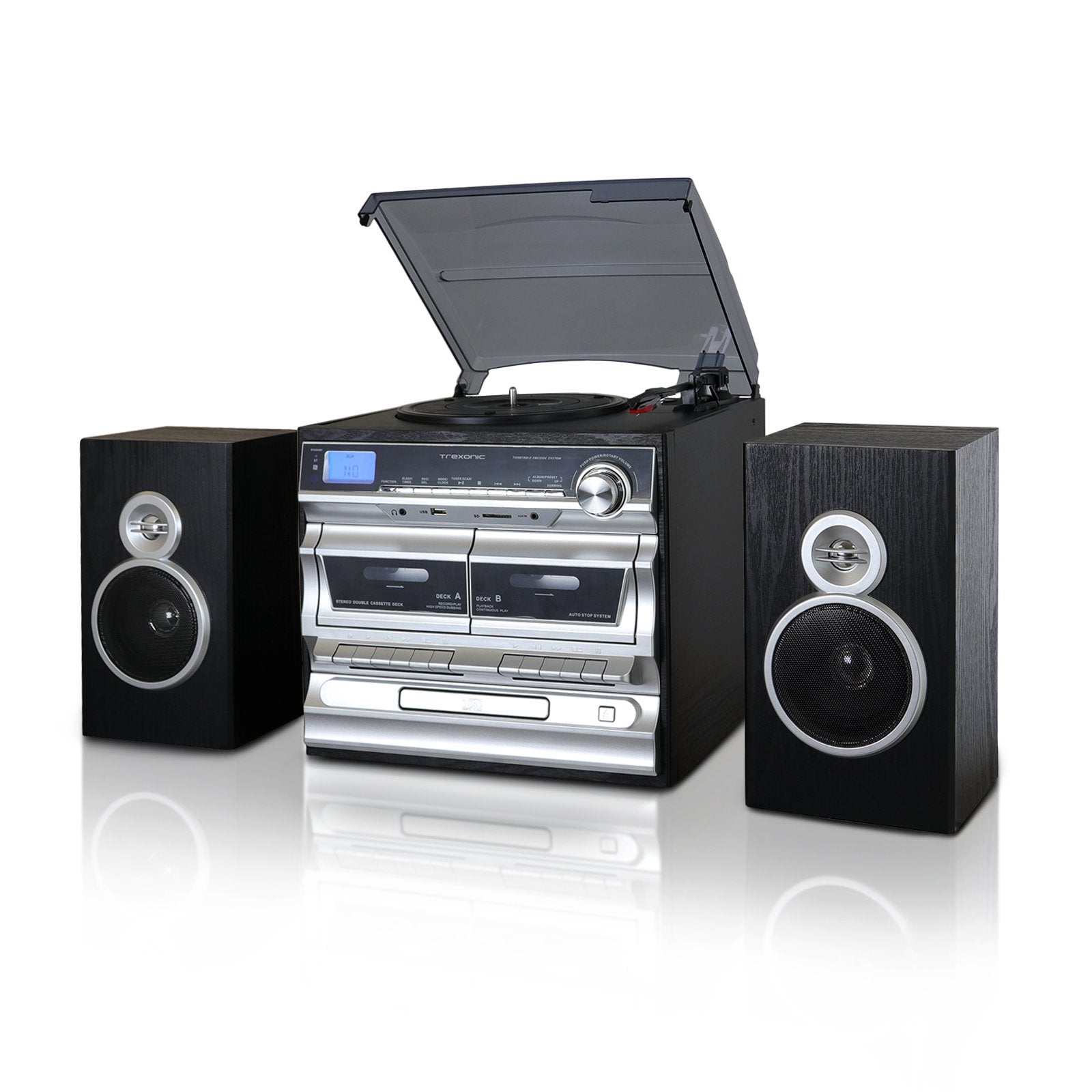 Trexonic 3 Speed Turntable With Cd Player, Double Cassette Player, Bluetooth, Fm Radio & Usb/Sd Recording