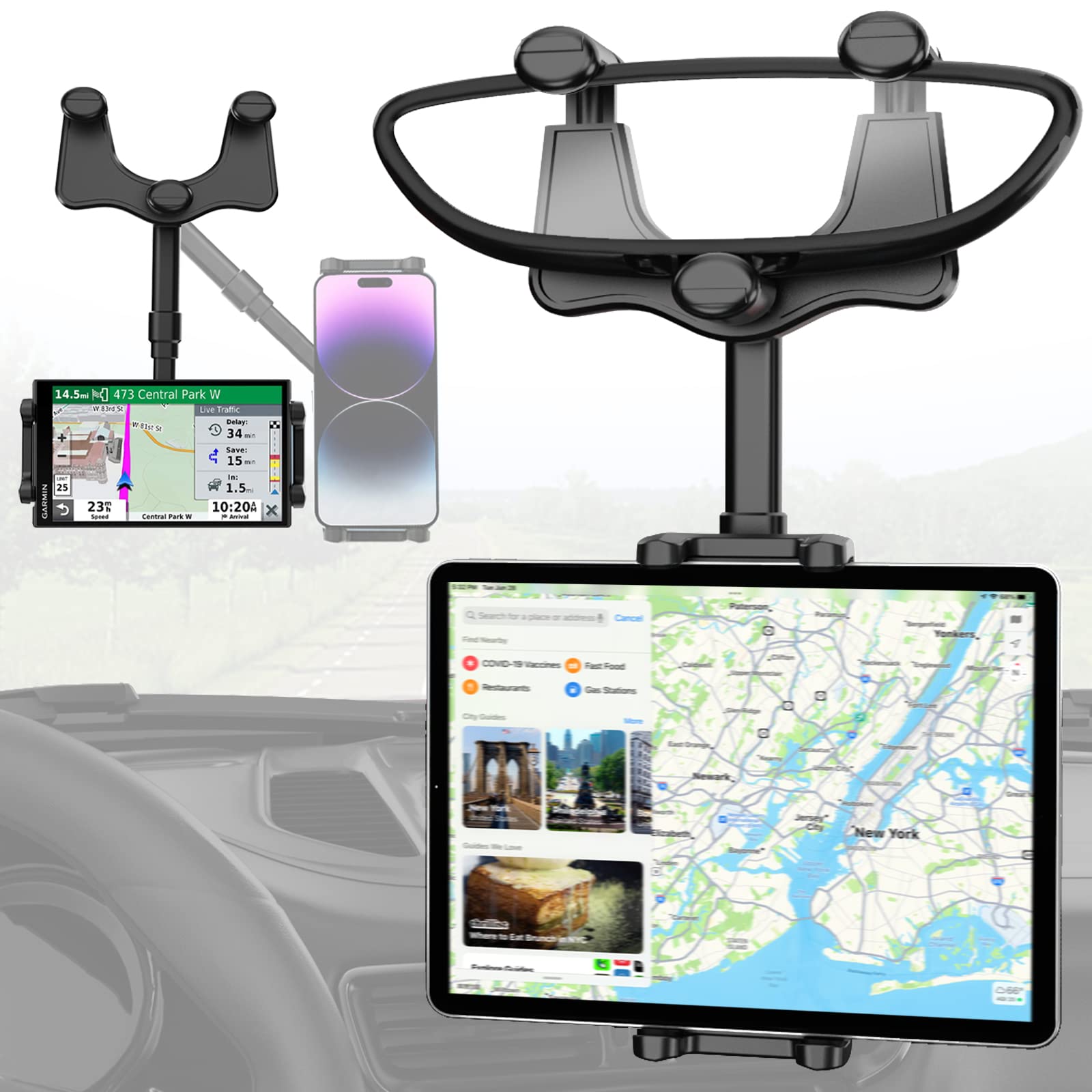Charchendo Tablet Phone Mount For Car Rear View Mirror Fits 4 13'' Devices, 360 Retractable Rearview Mirror Phone Holder Anti Sh